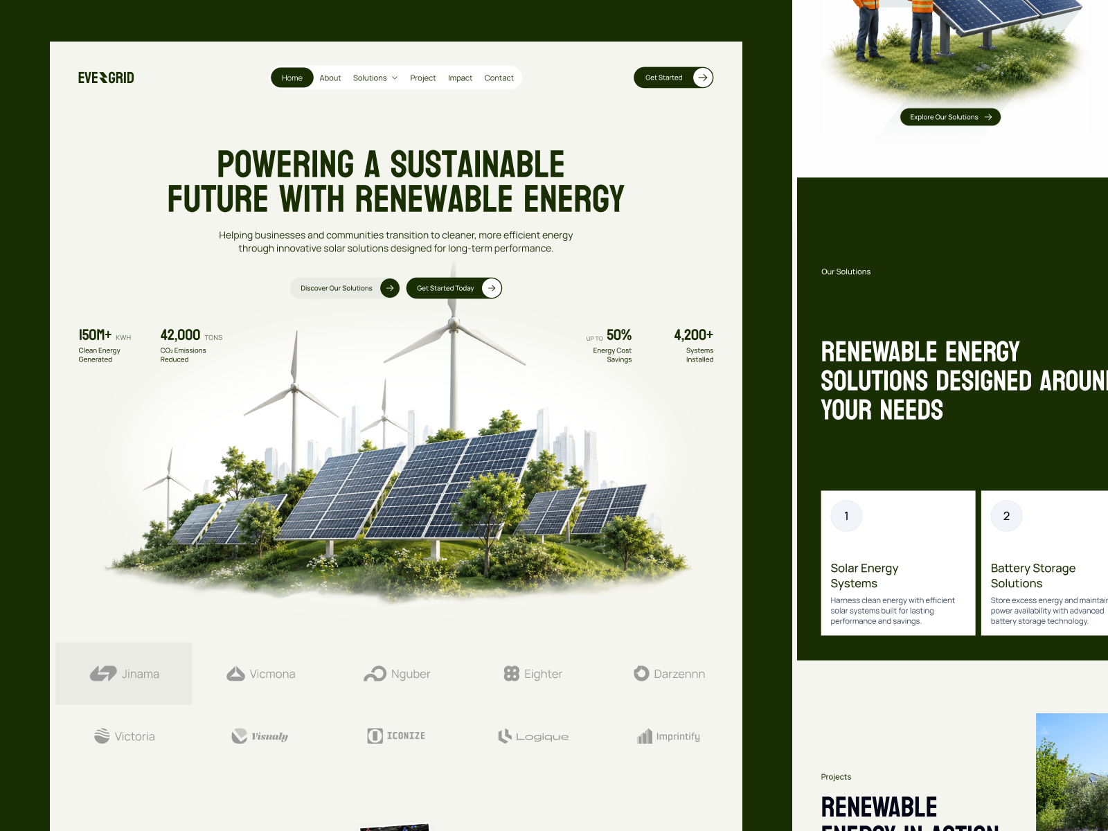 Evergrid — Renewable Energy Landing Page clean energy climate tech corporate website eco energy website green energy homepage landing page renewable energy solar energy solar panel sustainability wind turbine