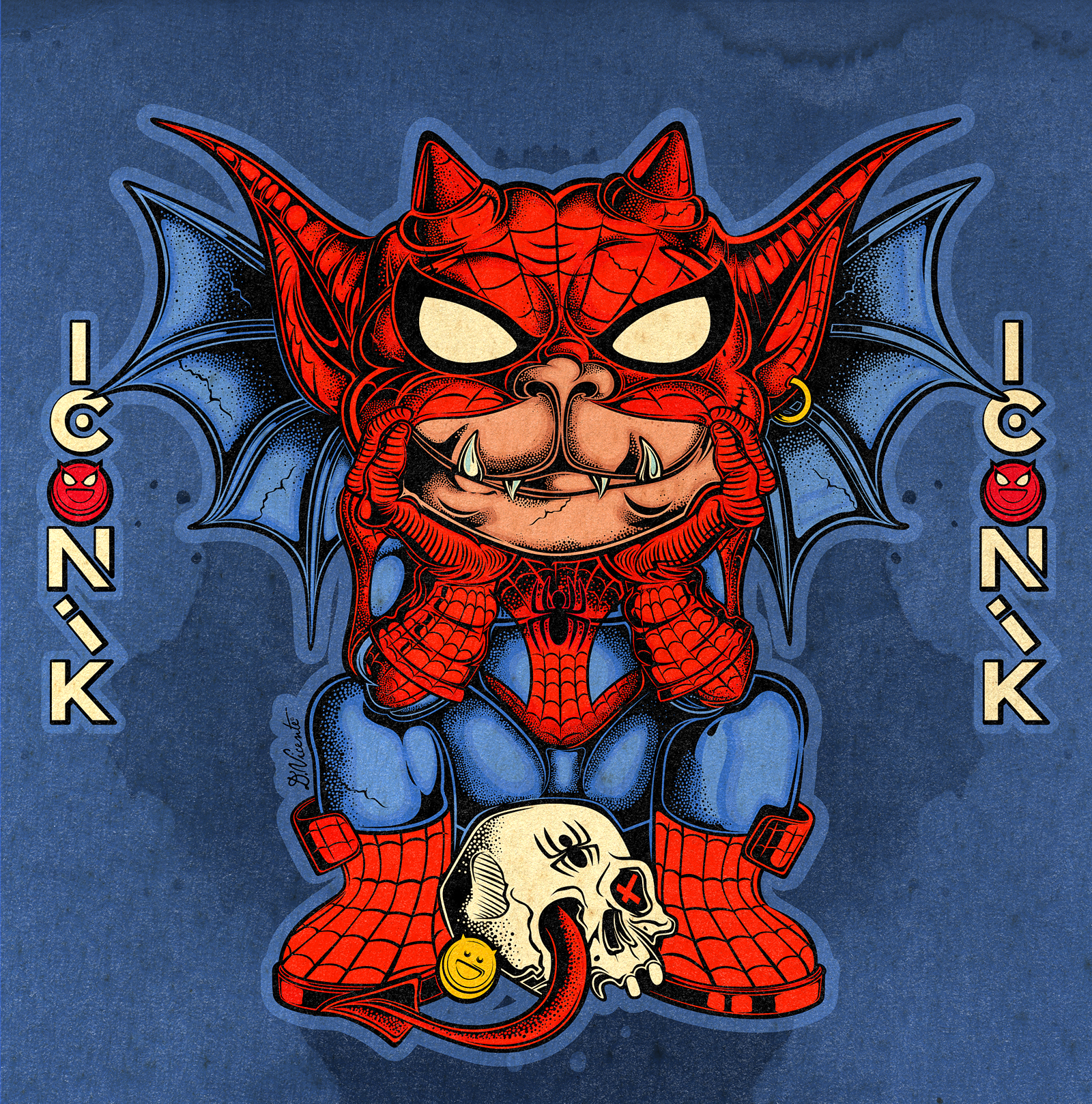 WILD CHILD ICONIK #11 – SPIDEY blue background character art character design comic art comics creature design dark art gargoyle iconik illustration line art lowbrow art marvel monster art pop surrealism spider man spidey stippling vintage art wild child