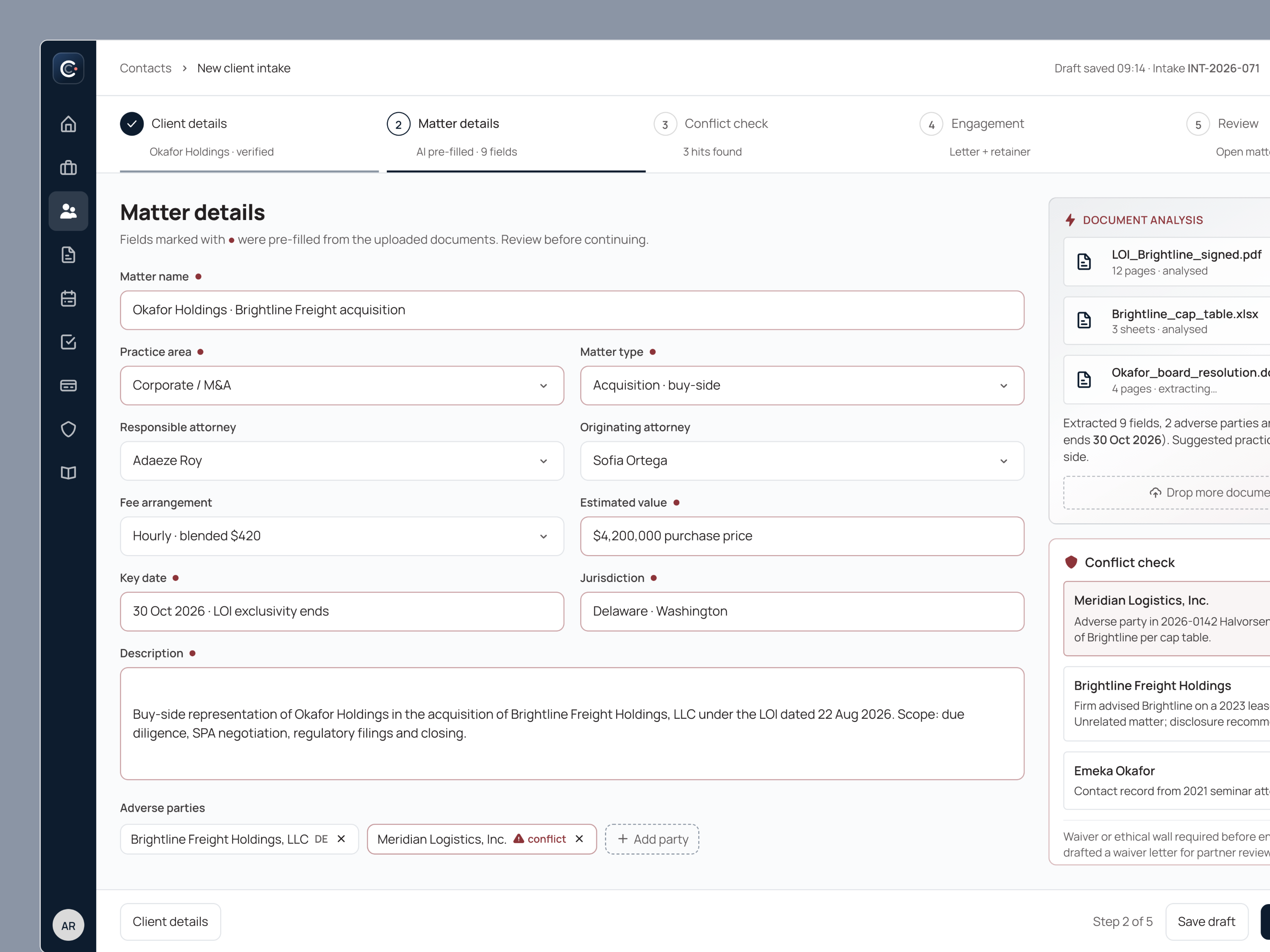 Client Intake & Conflict Check UI | Legal Tech Platform ai document extraction attorney b2b saas case management software client intake form design crm dashboard dashboard law firm law firm software design leads legal advisor legal software design legal tech matter management professional services saas
