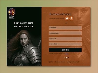 Gaming Signup Screen for XENA Warrior Games dailyui uidesign design