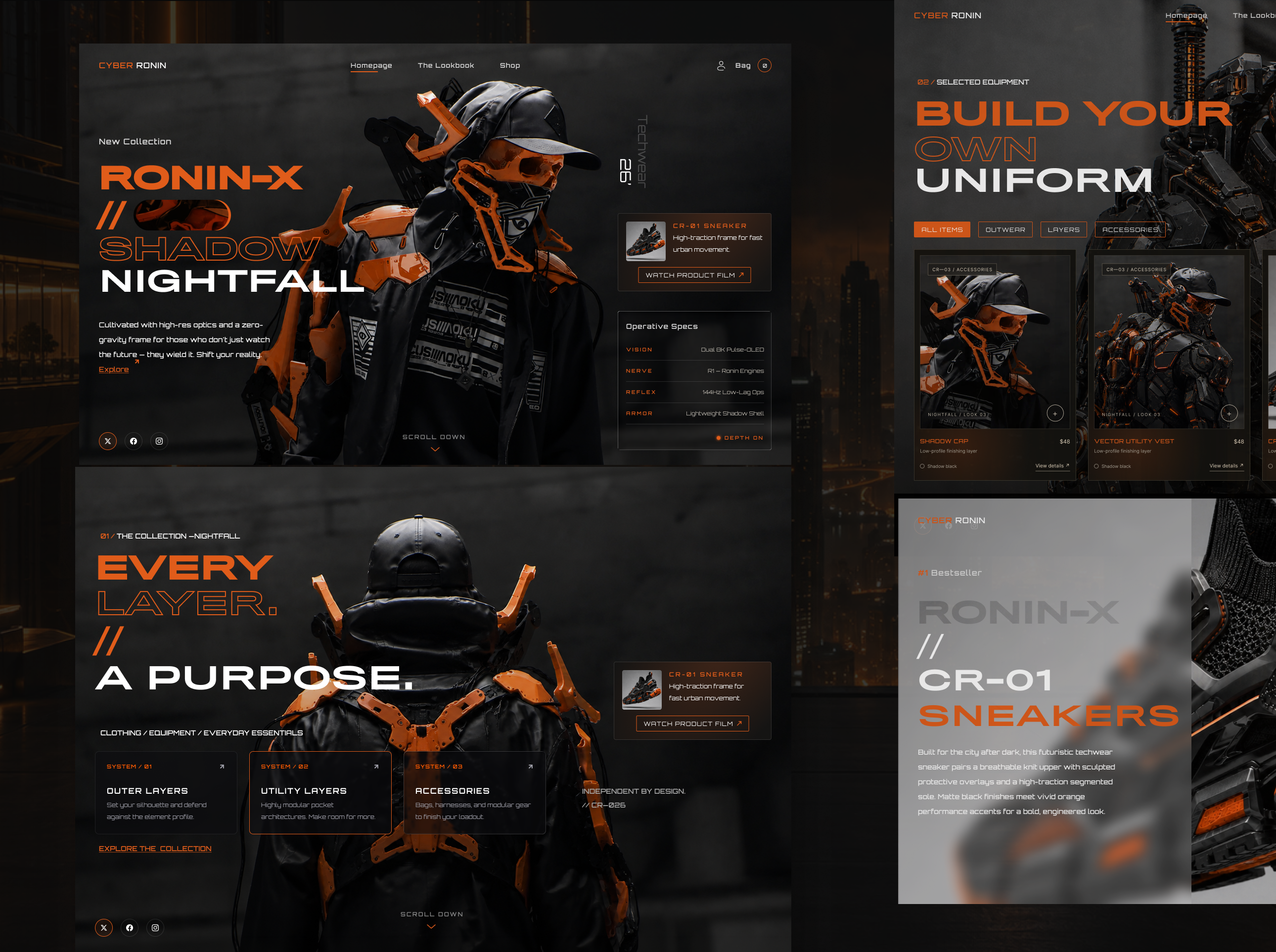 CyberRonin TechWear website concept 3design aidesign ailandingpage aiwebsite clean creativewebsite darkmode darkmodeui eccomerce fashion interaction interactiondesign landingpage techwear ui website