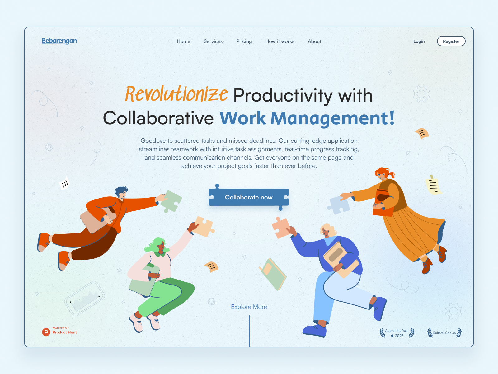 Bebarengan - Revolutionize Your Collaborative Work Management blue clean collaborative design desktop flat hero image hero section home page illustration landing page management producthunt productivity simple ui ux website work illustration work management