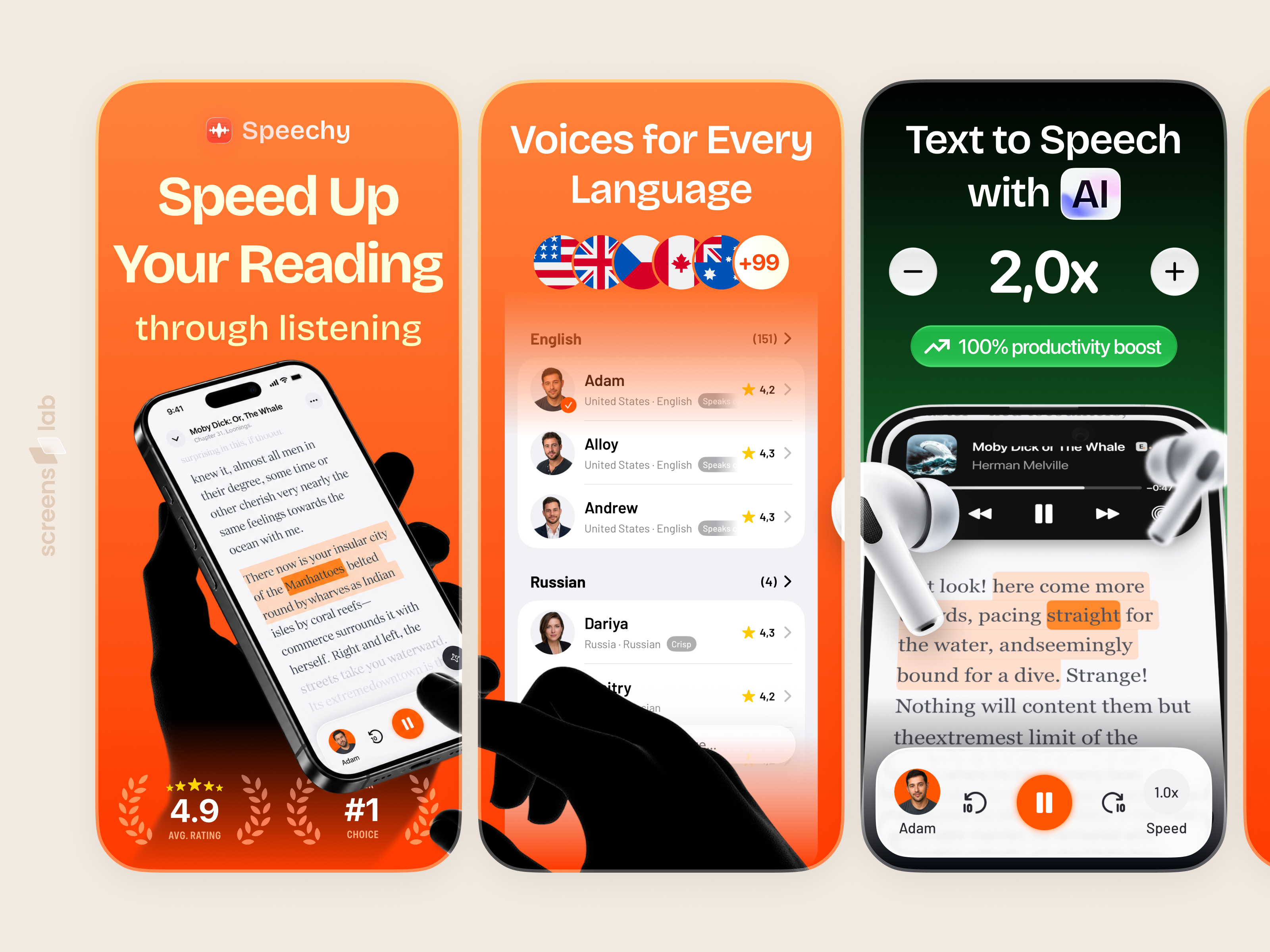 App Store Screenshots · AI Voice Reader app design app marketing app screenshots app store app store design app store screenshots aso audio player conversion ios app ios design mobile app mobile app design mobile ui product design screens screenshot design text to speech ui design voice reader