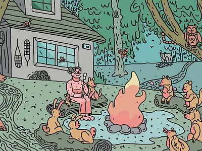 Editorial Illustration on The Ethel for AARP aarp aging animals black outline campfire cartoon editorial illustration loneliness outdoorsy procreate theethel