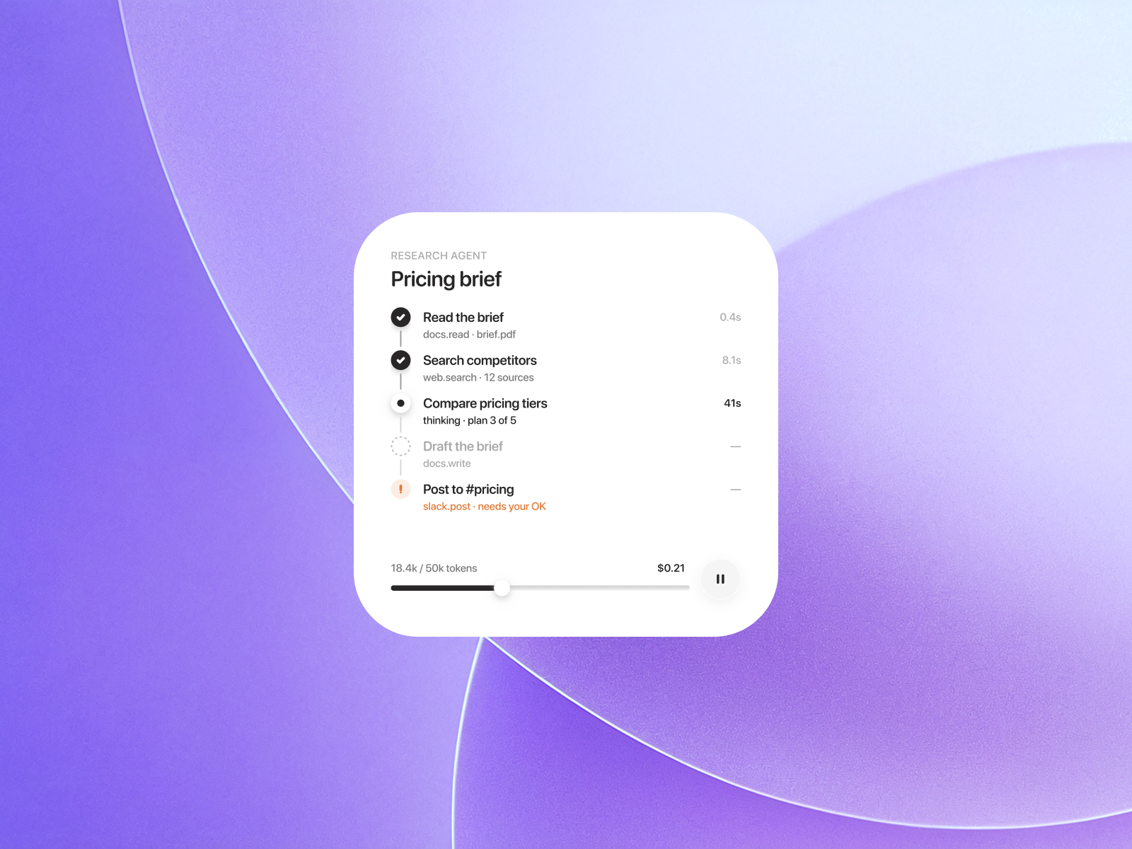 AI Agent Timeline Widget — Soft UI Animation, Run Tracker agent ui ai agent ai dashboard ai product ai ux figma minimal ui motion design product design saas dashboard soft ui status widget timeline ui ui animation widget design