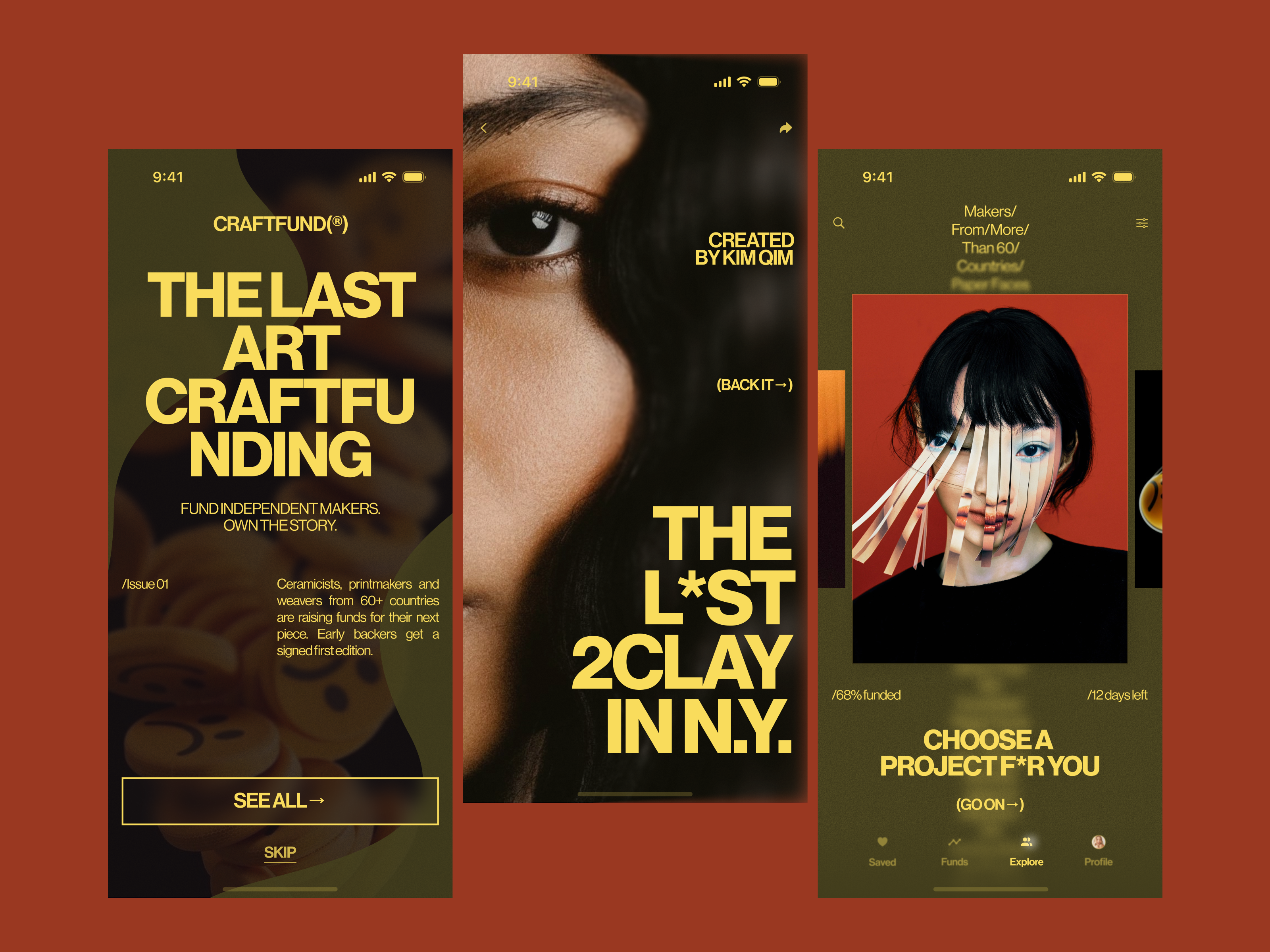Craftfund: Editorial Crowdfunding App app bold typography crowdfunding editorial figma mobile olive red typography ui uiux