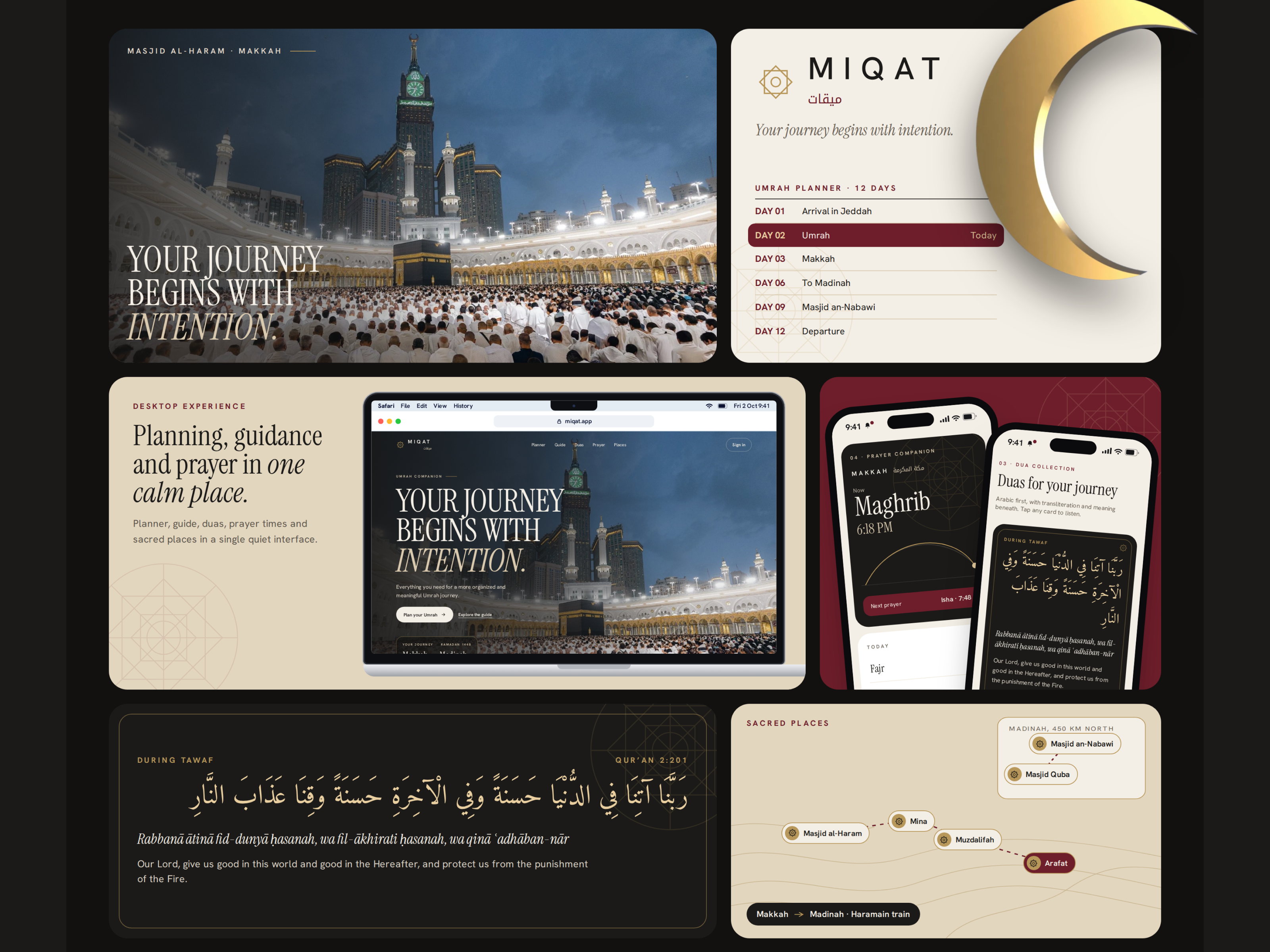MIQAT — Umrah Companion App & Digital Experience Design app design arabic typography brand identity branding graphic design islamic design landing page minimal ui miqat mobile app prayer app product design travel app typography uiux umrah visual identity web design web design inspiration