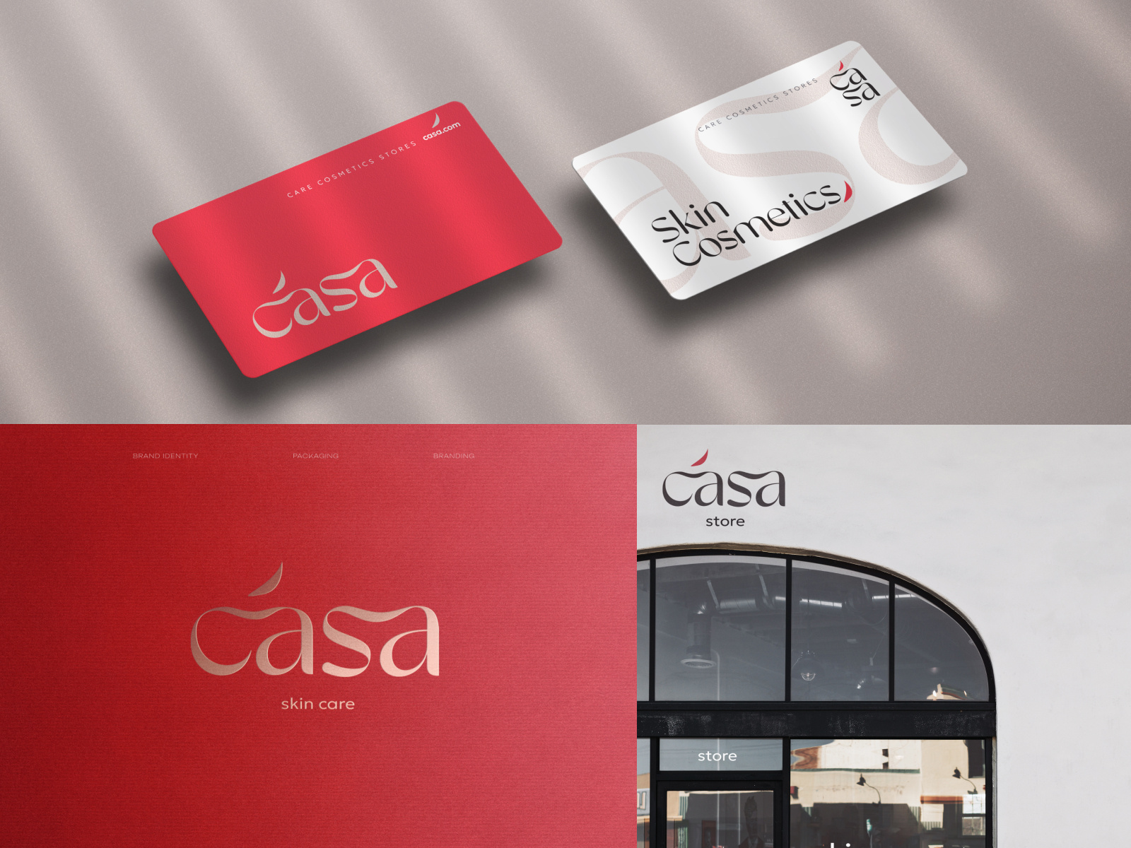 Typographic Logo Design & Brand Identity for a Skin Care Store beauty branding beauty logo brand identity business card design cosmetics logo cosmetics store custom lettering elegant logo feminine logo lettering logo logo design logotype luxury logo red branding shopping bag design skincare logo store branding typographic logo visual identity wordmark