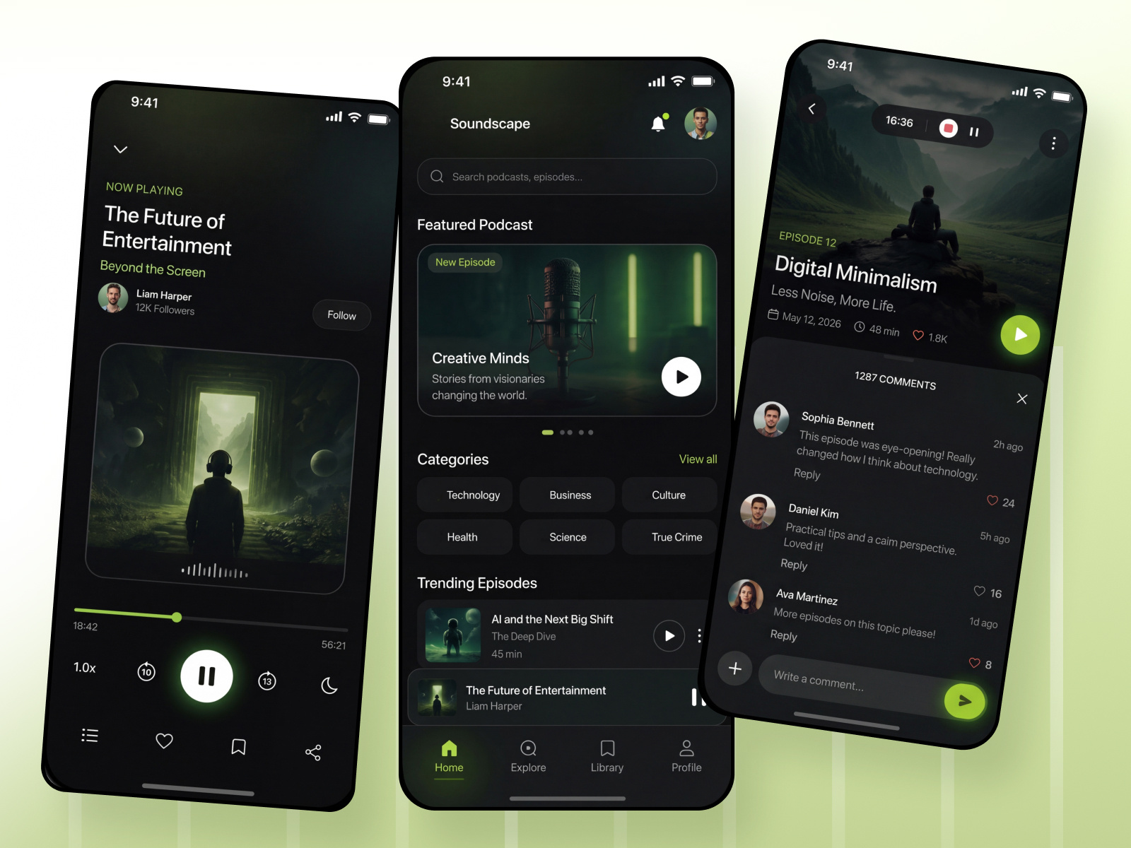A Smarter Podcast Listening Experience app design app interface audio streaming dark ui digital product graphic design hero ui interaction design mobile app design mobile ui music app podcast app podcast discovery podcast player soundscape techwitpro uiux design user experience