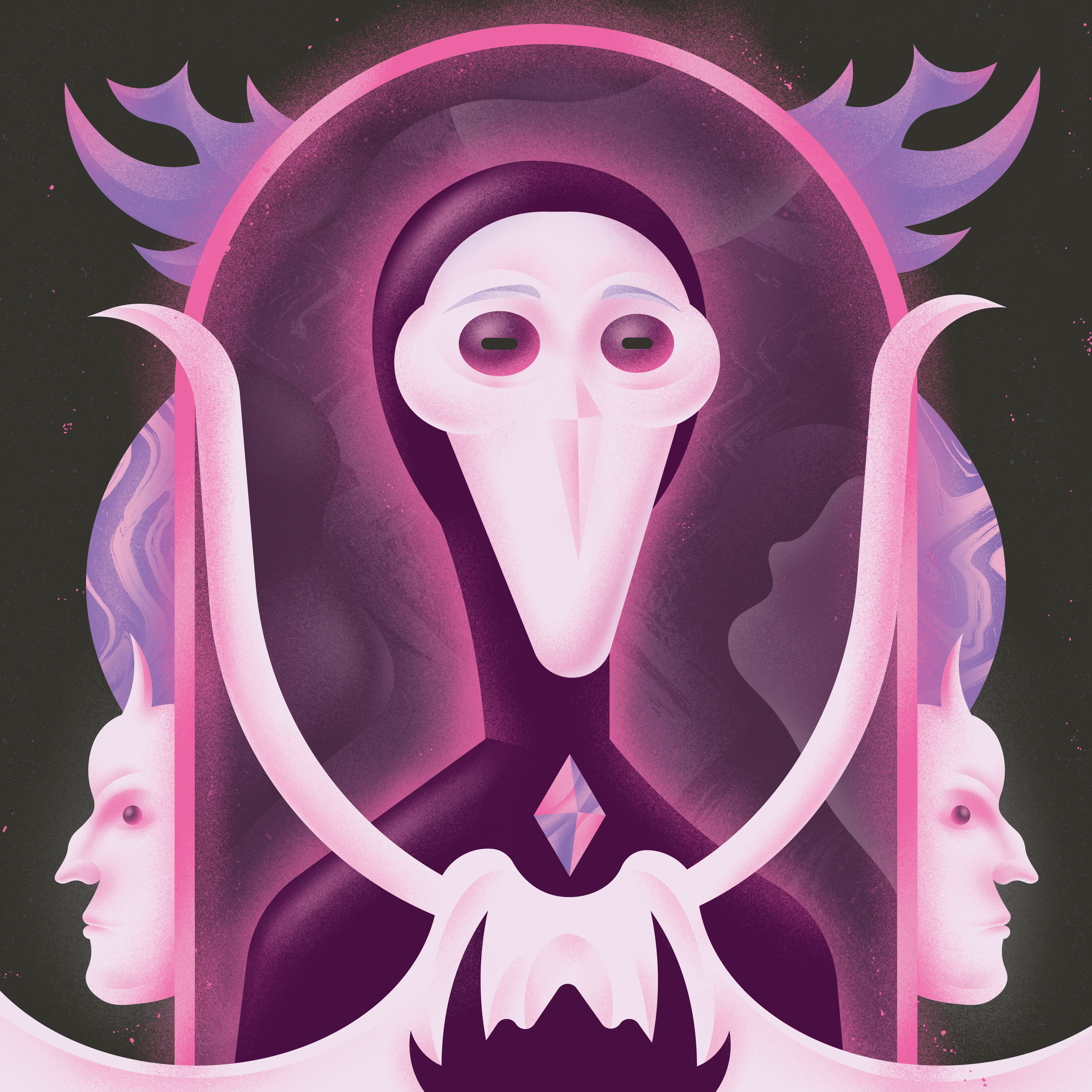 The Keeper of Fickleness ⚔️ adobe article character character design colorful digitalart editoriall gate gradient grain horns illustration illustrator light magazine mask portal scary vector