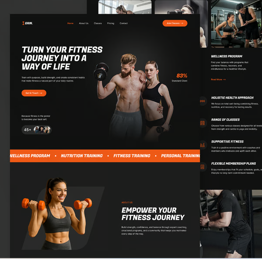 Gym & Fitness Landing Page Gain 3d animation app branding dashboard design graphic design icon illustration logo minimal motion graphics typography ui uiux ux vector web website website design
