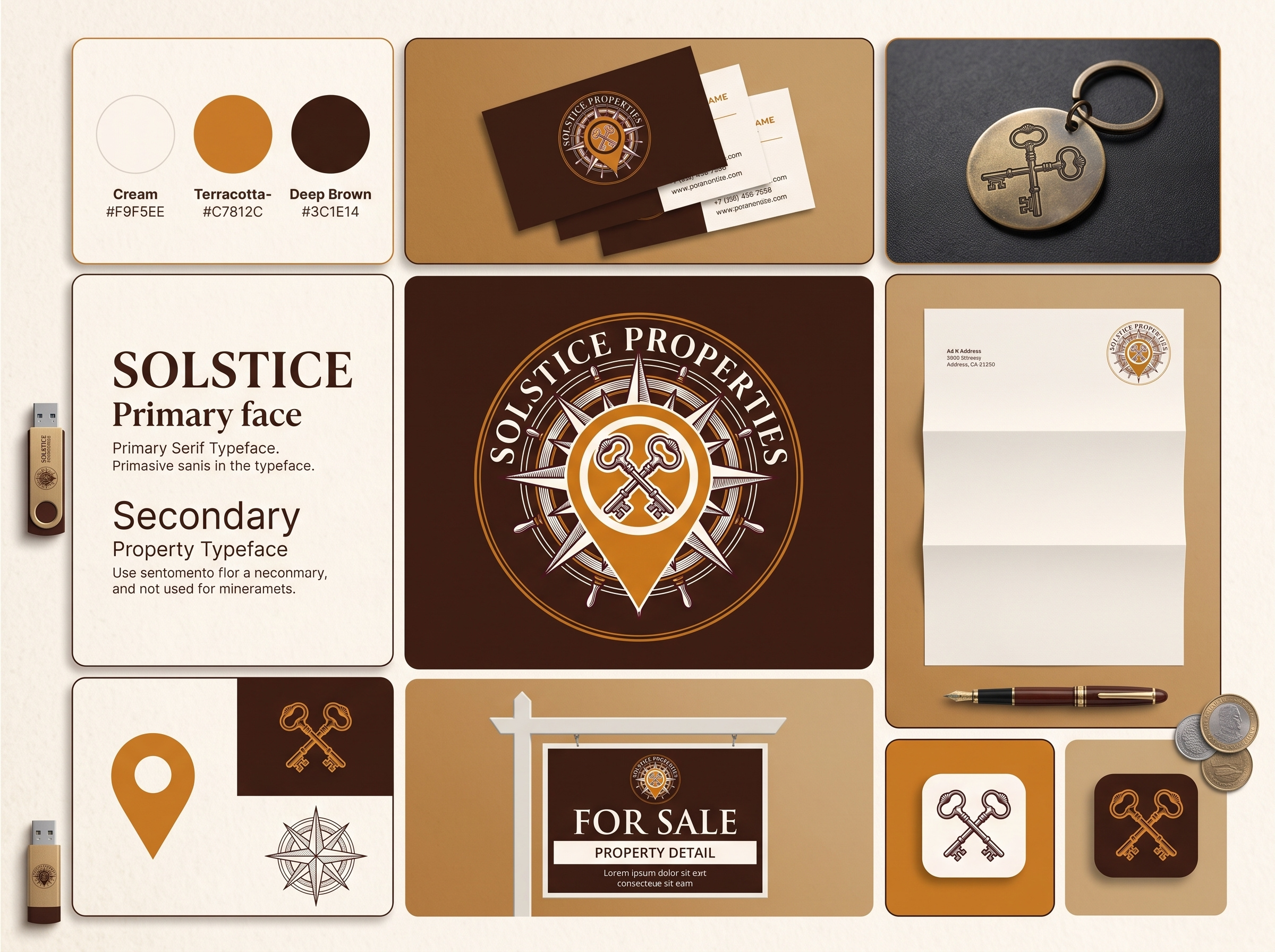 Solstice Properties - Coastal Real Estate Brand System brand identity system brass keychain business card design classical serif client portfolio folder coastal realty crossed keys logo dribbble portfolio graphic design inspiration luxury branding luxury property logo maritime branding nautical compass rose real estate branding real estate signage solstice properties stationery mockup terracotta and brown van wrap livery visual identity