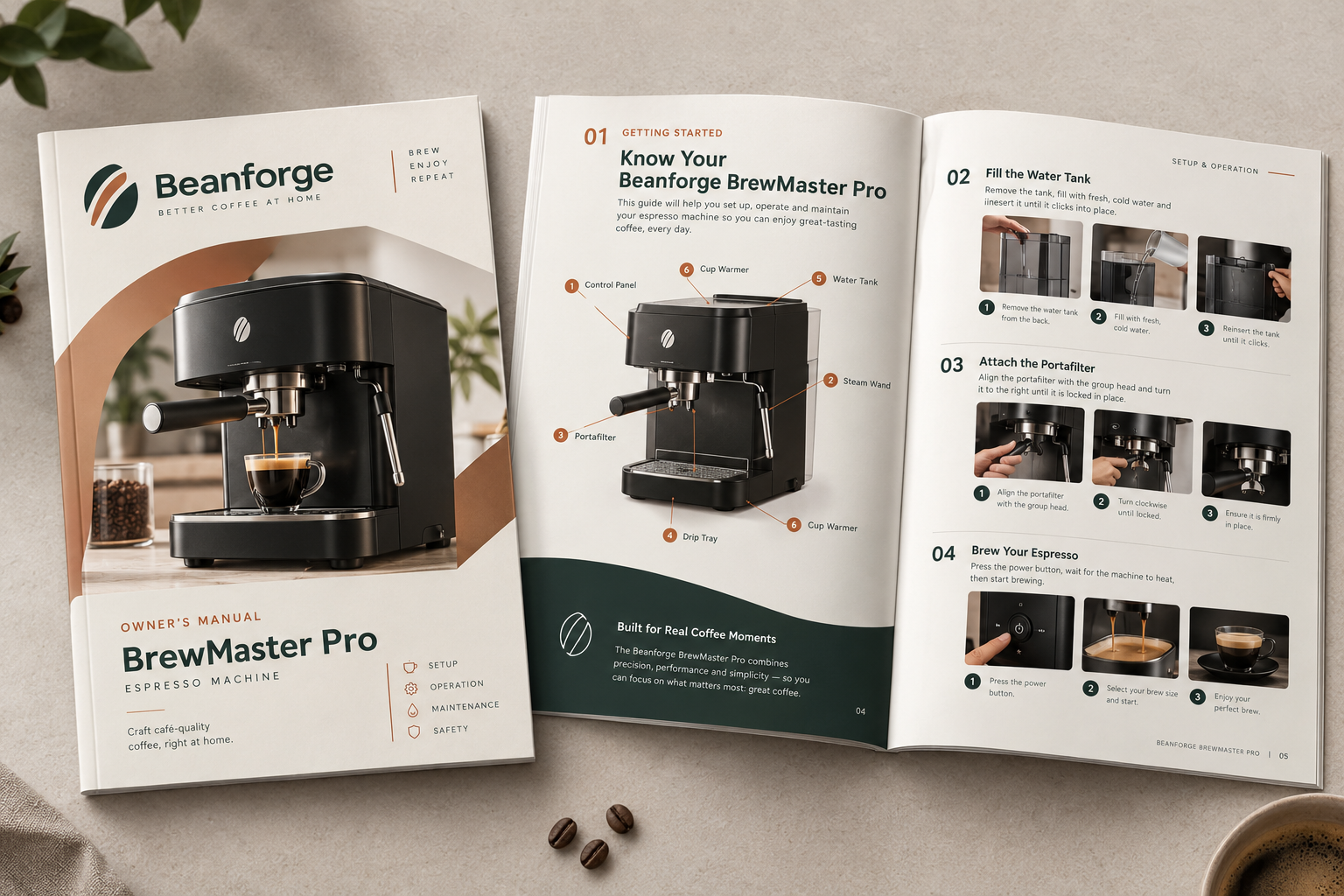 Beanforge BrewMaster Pro - Manual & Guide System appliance branding beanforge booklet mockup coffee machine handbook consumer tech print dribbble portfolio editorial design editorial layout espresso machine guide graphic design inspiration instruction manual modern sans serif owners manual print layout product design documentation step by step guide technical documentation terracotta branding user manual design visual identity