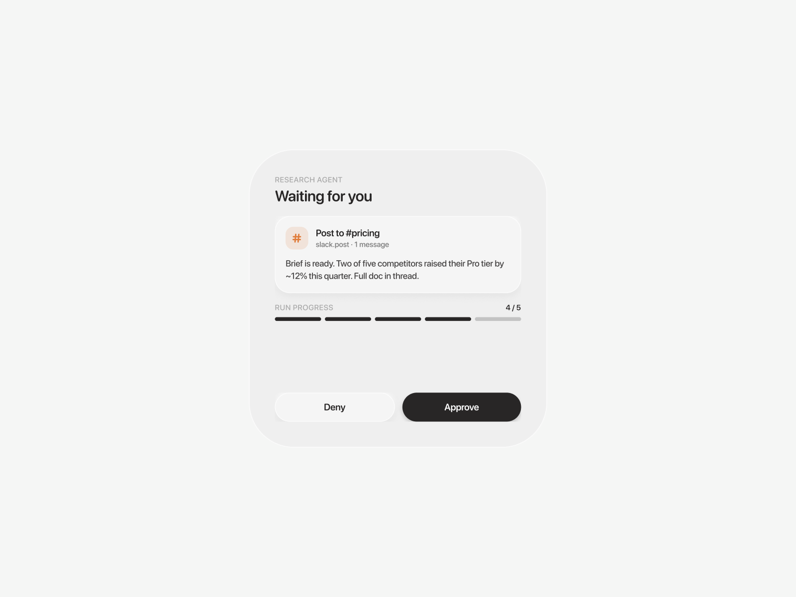 Human-in-the-Loop AI Agent UI · Approval Flow Animation agent ui ai agent ai product approval flow button animation figma human in the loop loading state micro interaction progress bar slack integration soft ui success state ui animation widget design