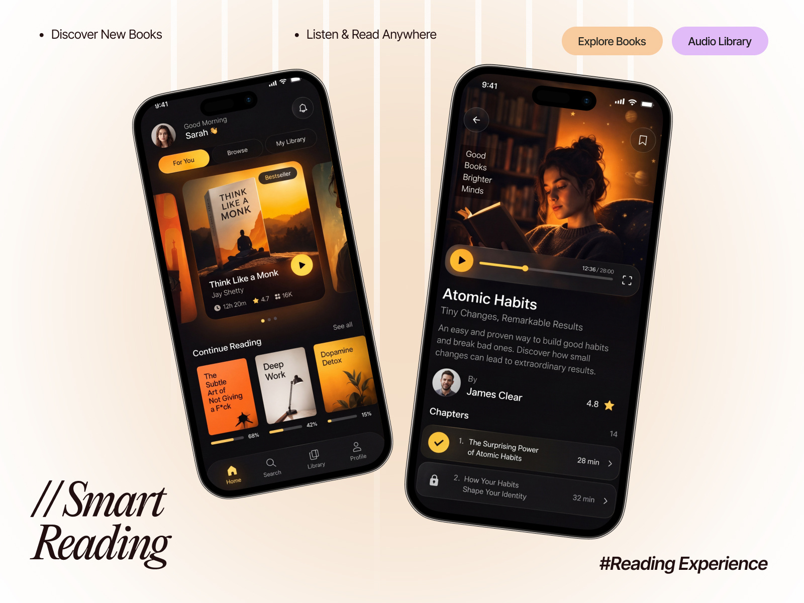Smart Reading - Immersive Audiobook Player & Reading App audiobookapp audioplayer cleanui darkmodeui development digitallibrary dribbbleshot ebookreader mobileappdesign mobileui productdesign readingtracker smartreading techwitpro uiuxdesign userexperience visualidentity web design website design