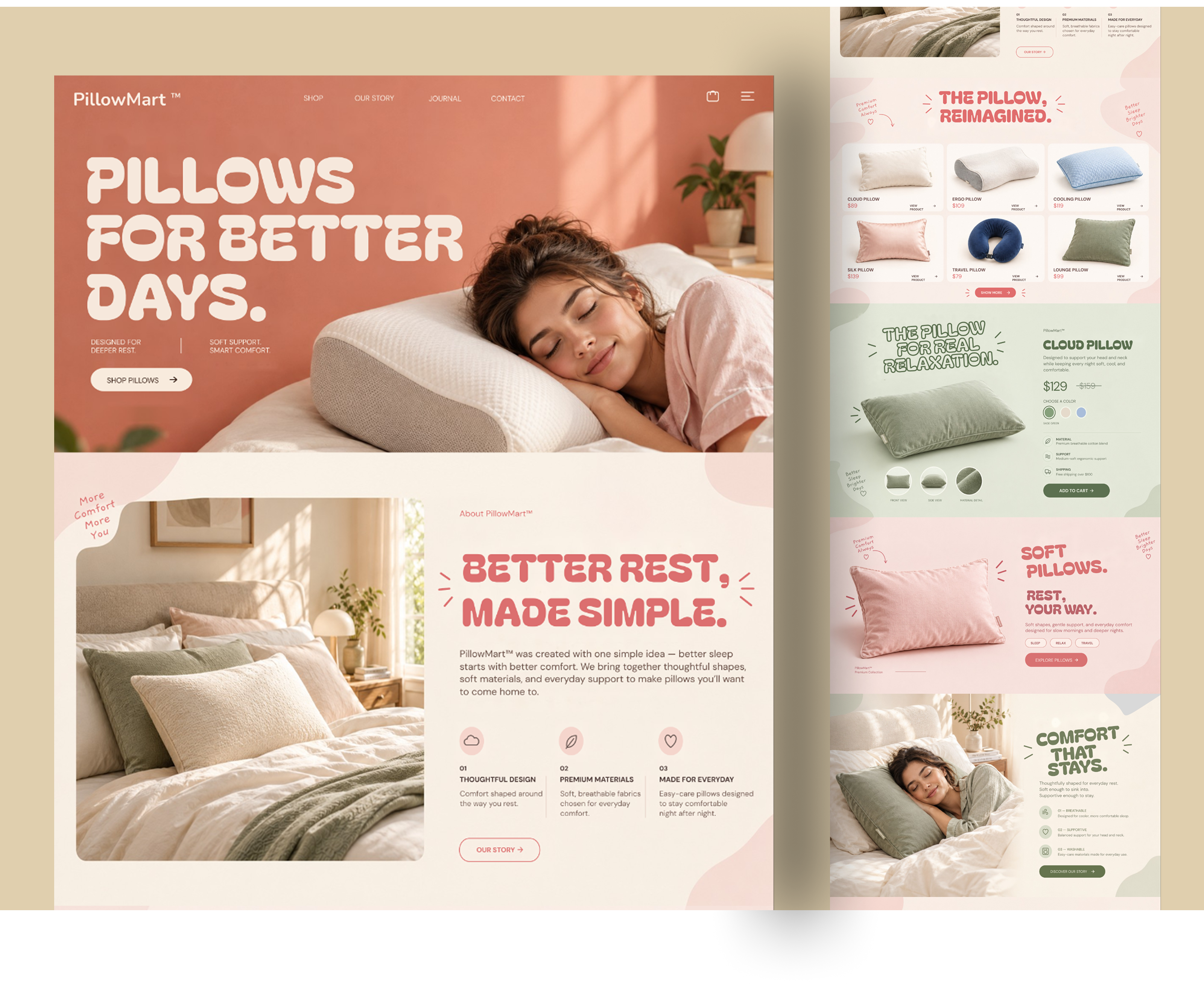 PillowMart™ — E-Commerce Website Design for Premium Comfort branding clean design desktop design ecommerce design graphic design home decor landing page lifestyle website minimal design modern ui pillow shop playful typography product grid shopping site ui design user interface ux design visual identity web design website design