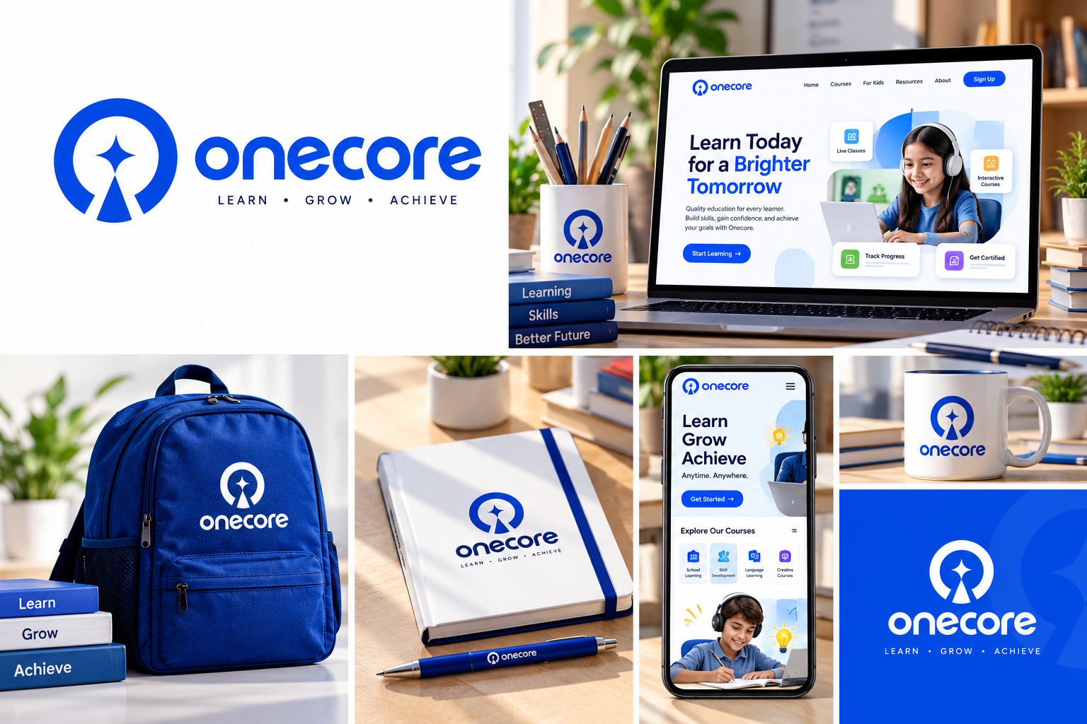 Onecore Logo Design and Brand Identity | Modern EdTech Branding app icon design blue logo brand identity e learning logo edtech branding education logo educational technology geometric logo logo design minimalist logo modern logo onecore branding online learning platform startup branding symbol design white logo