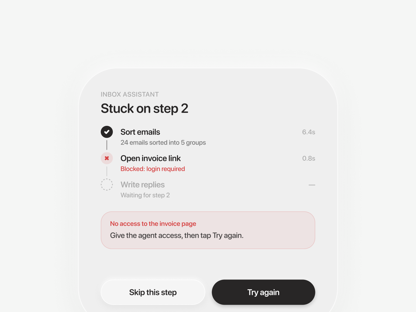 AI Agent Error State — Retry Flow Micro-interaction, Motion agent ui ai agent ai product email assistant error handling error state figma loading state micro interaction progress steps retry flow soft ui success state ui animation widget design