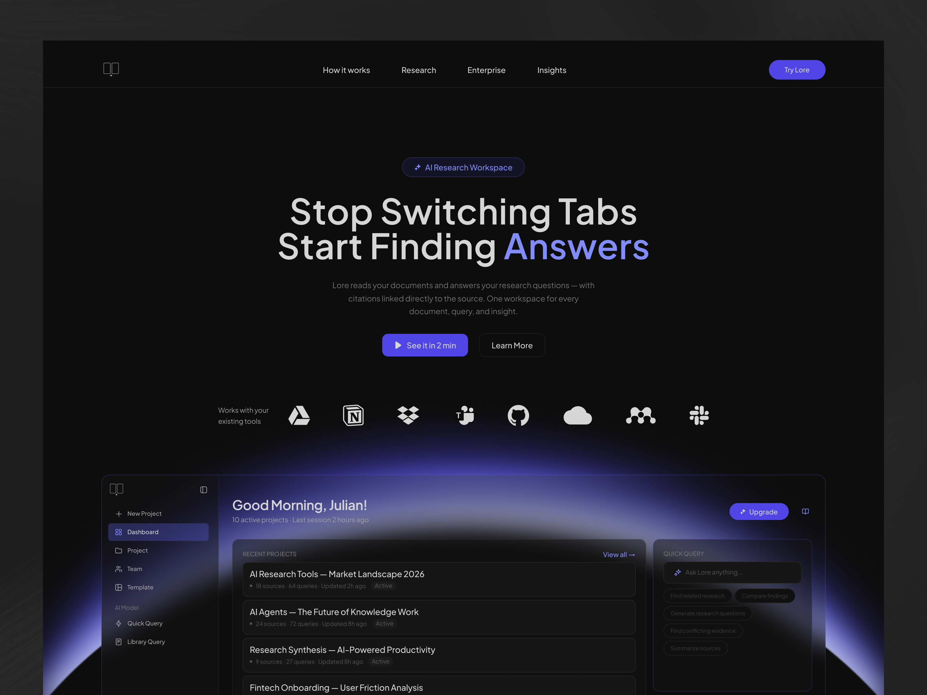Lore — AI Research Workspace ai airesearch cleanui design digitalproduct dribbble figma landingpage productdesign research saas ui uiairesearch uidesign uiux webdesign