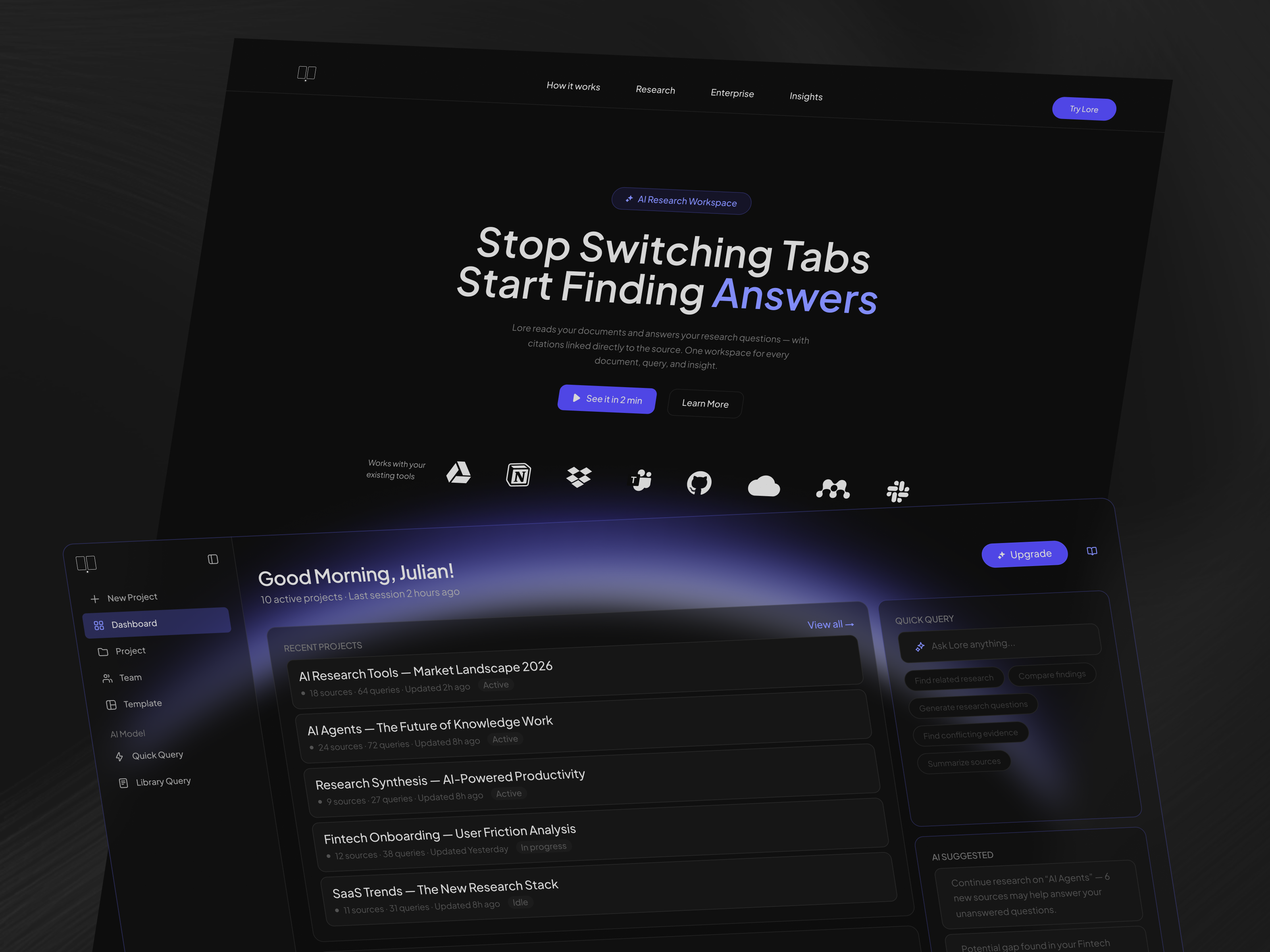 Lore AI Research - Hero Section ai airesearch airesearchui cleanui dashboard design dribbble figma hero herosection research ui uidesign uiux