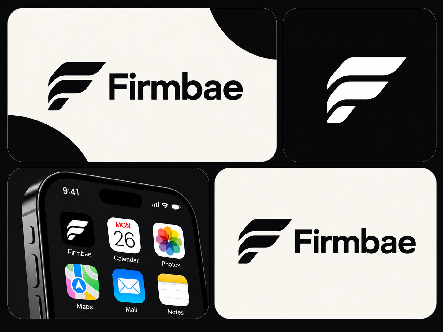 Firmbae — F logo Minimal Logo & Brand Identity abstract logo app icon black and white brand identity brand system corporate branding digital branding f logo geometric logo logo design logo mark logo presentation minimal design minimalist logo modern logo monogram startup branding symbol design tech branding visual identity