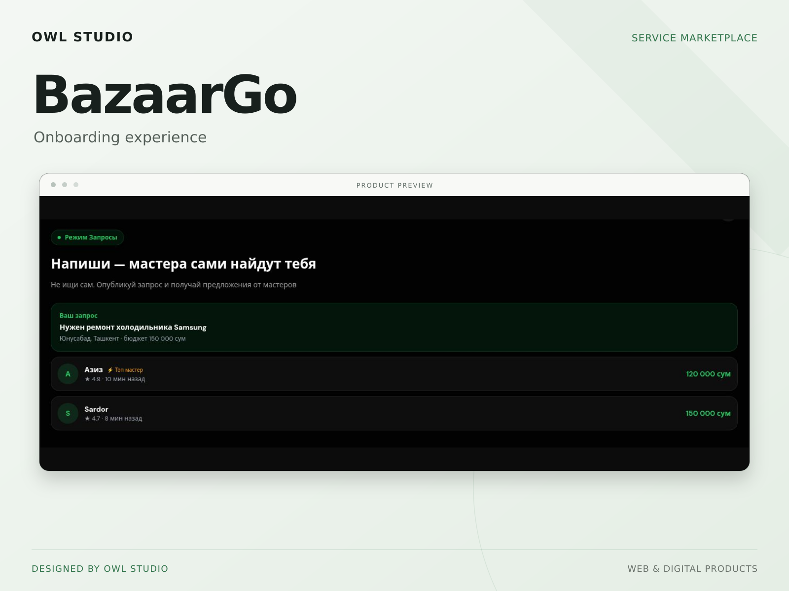 BazaarGo — Service Marketplace App & Onboarding app design dark ui local services marketplace onboarding product design service booking service marketplace ui design ux design web app
