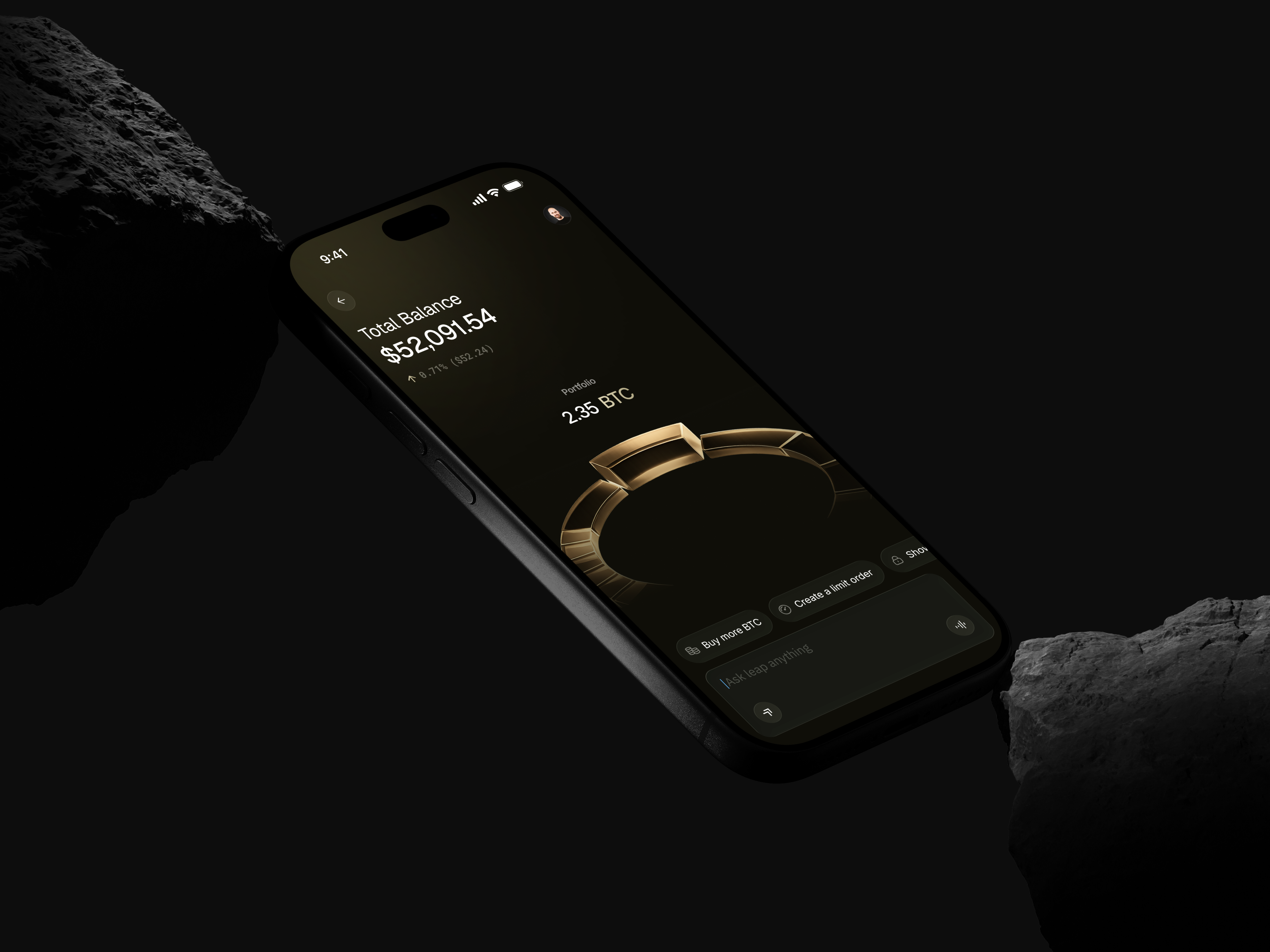 Leap: Crypto Trading App with AI Assistant ai assistant app design bitcoin crypto app crypto wallet dark mode dark ui dashboard finance app fintech gold ios app market mobile app design portfolio premium product design trading app ui design ux design