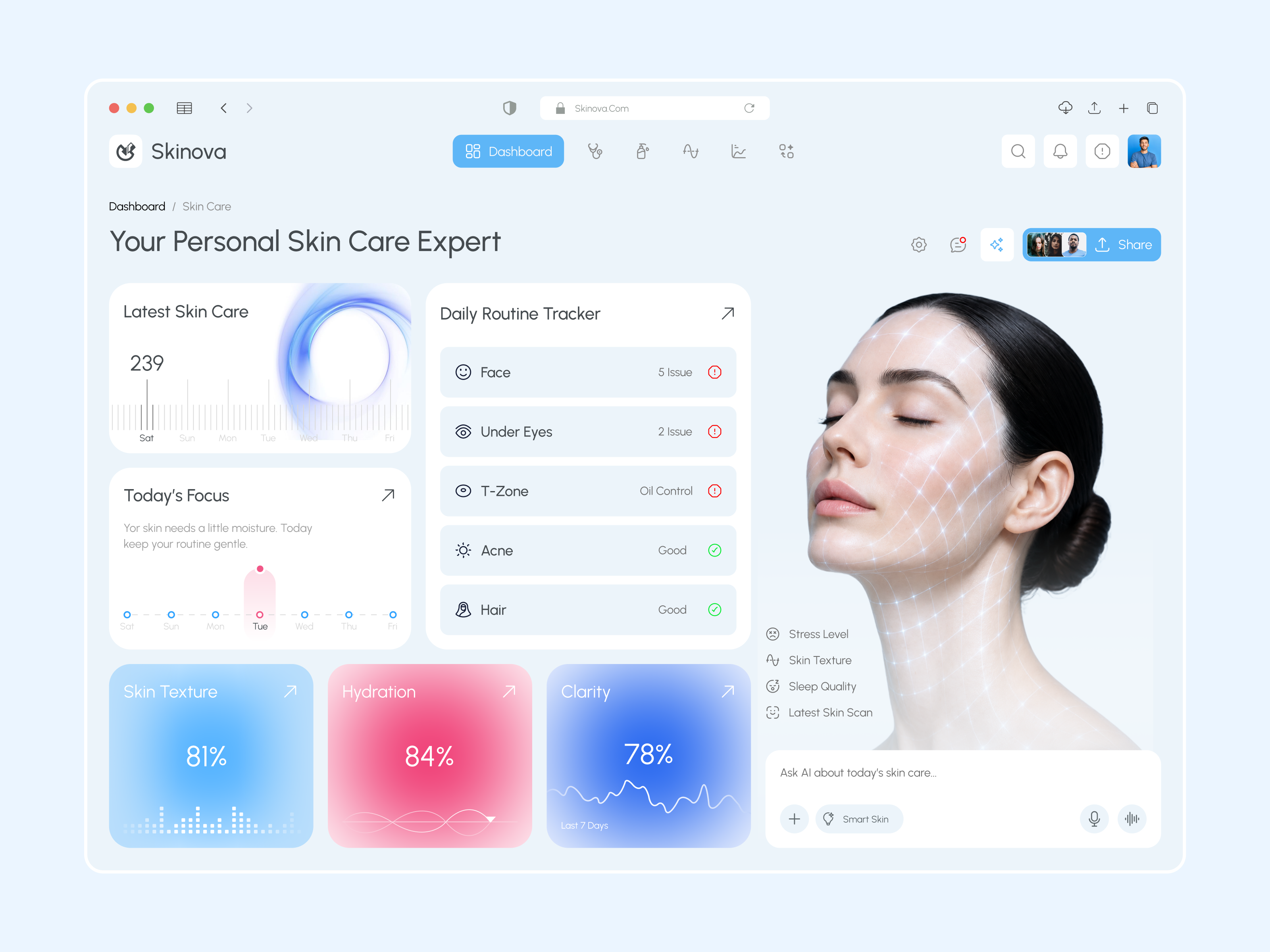 AI-Powered Skincare Dashboard — Smart Skin Analysis ai skin care dashboard dashboard design product design sass dashboard sass design skin care skincare dashboard ui website