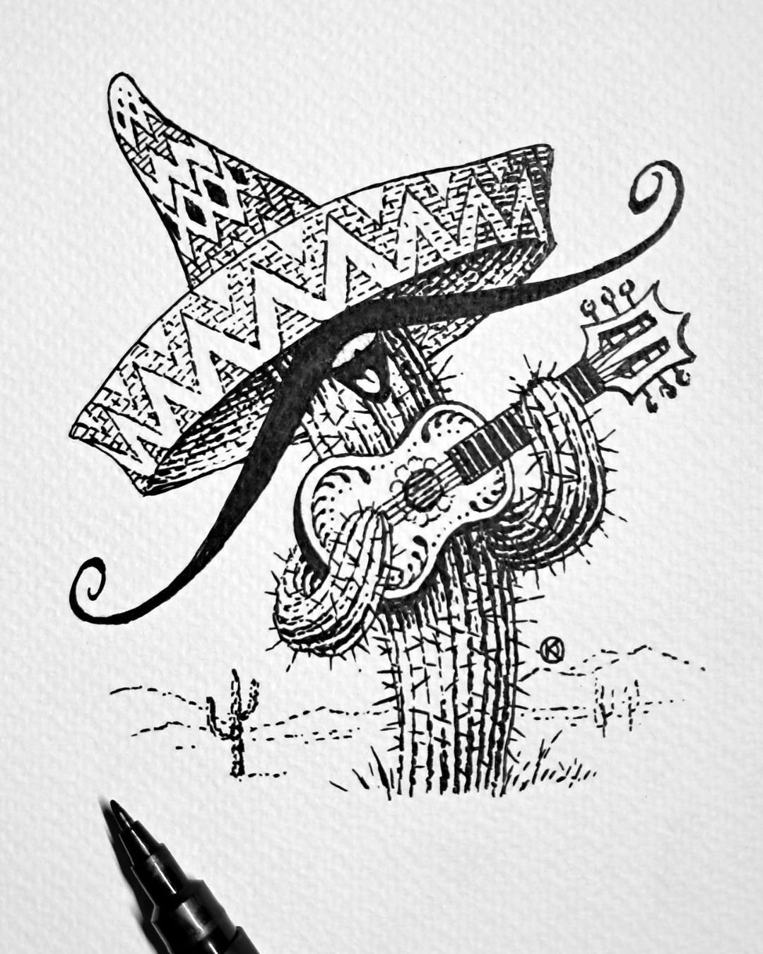 Inktober 2026 #4: cactus black and white cactus cartoon guitar illustration inktober