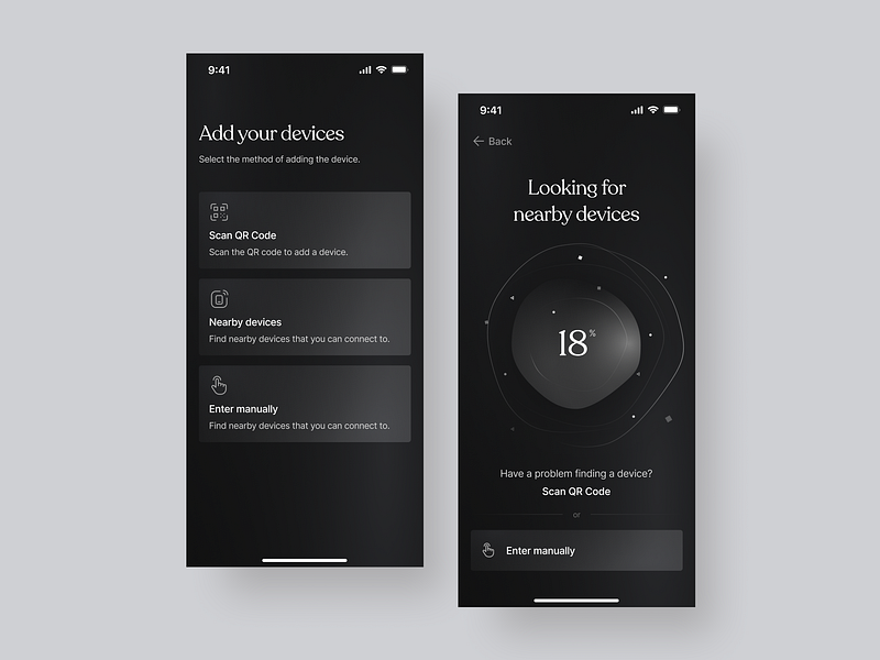 Adding and searching new device - Smart home iOS app add device adding app application design ios loading looking for mobile app modern percent progress search searching selecting method ui ui design ux ux design vibrant