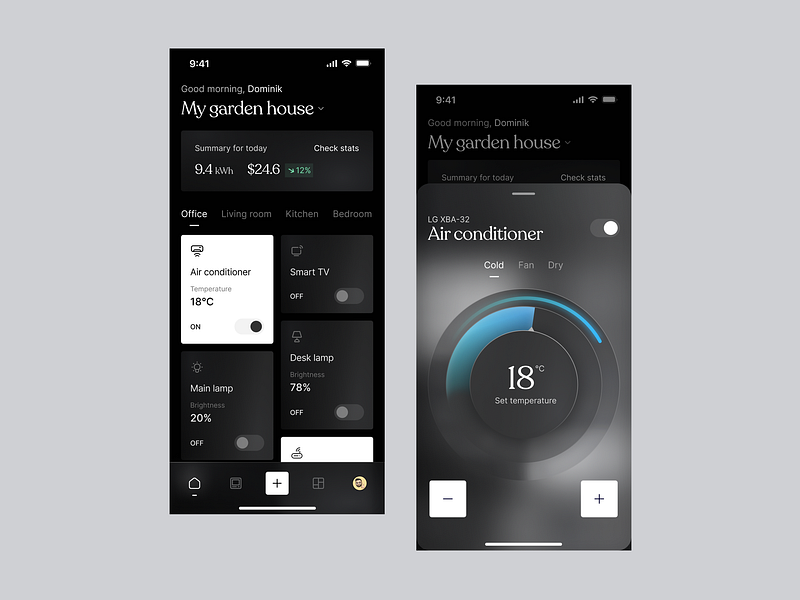 Dashboard & Device control - Smart home iOS app app application bottom bottomsheet control darkmode dashboard design home home screen ios mobile app modal modern sheet smart ui ui design ux vibrant