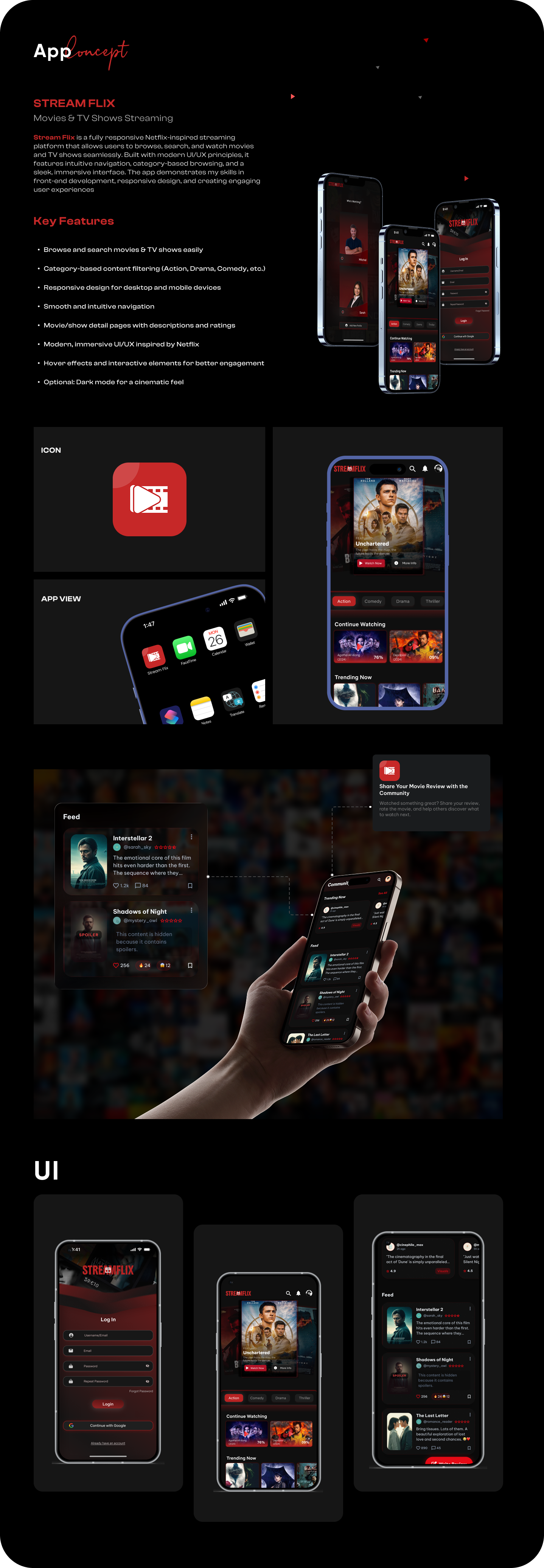 StreamFlix - Streaming Mobile App UI/UX Concept entertainmentapp mobileappdesign mobileui movieapp productdesign streamingapp streamingui ui uidesign uiuxdesign userinterface uxdesign
