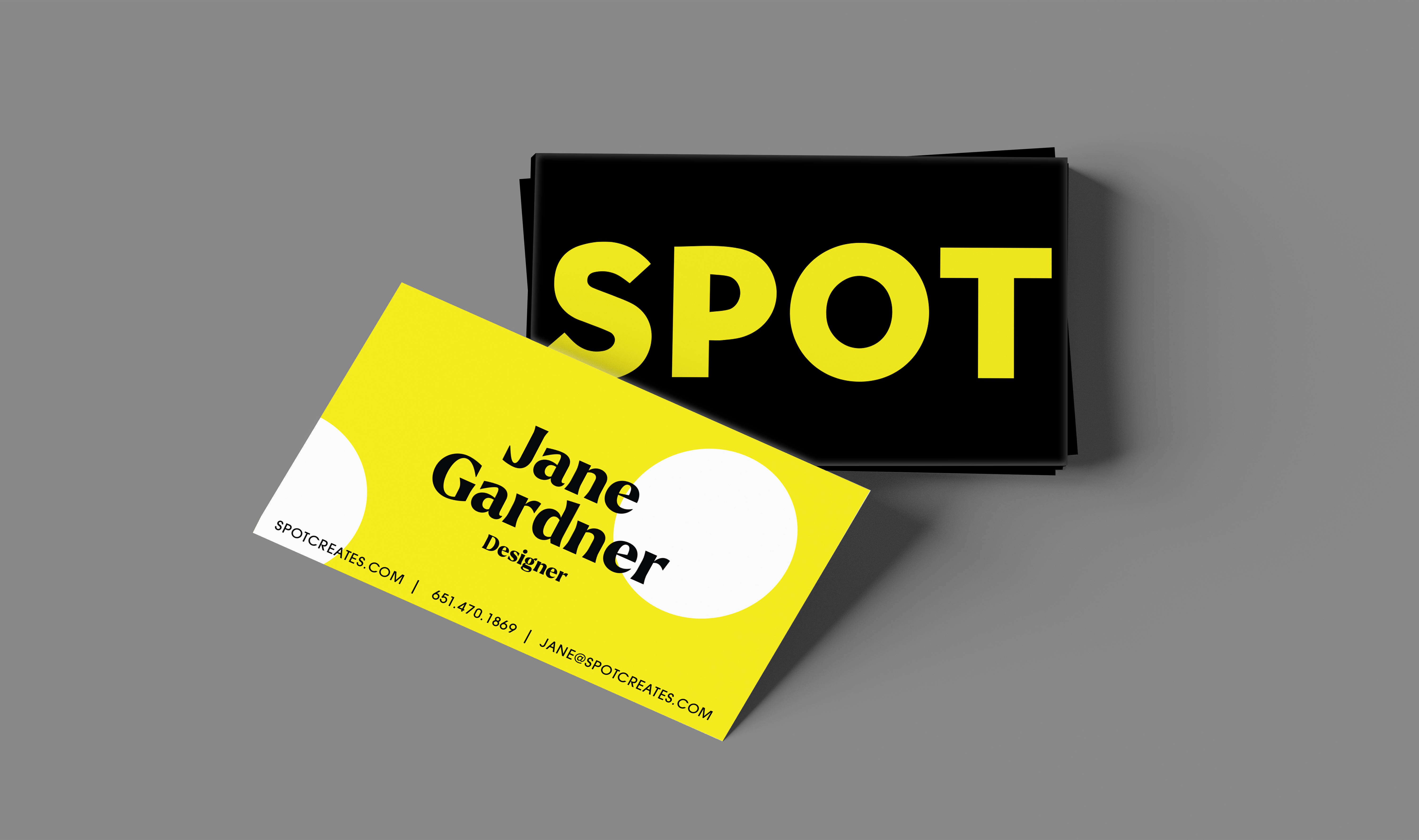 Spot Business Cards black business cards circles creative agency design modern saint paul spot white yellow