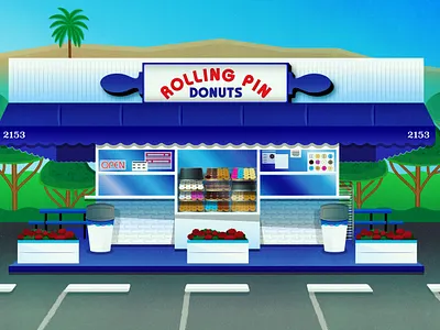 Rolling Pin Donuts #2 art art print california digital donut shop donuts drawing flowers palm trees poster print retro rolling pin rolling pin donuts shop vector vintage