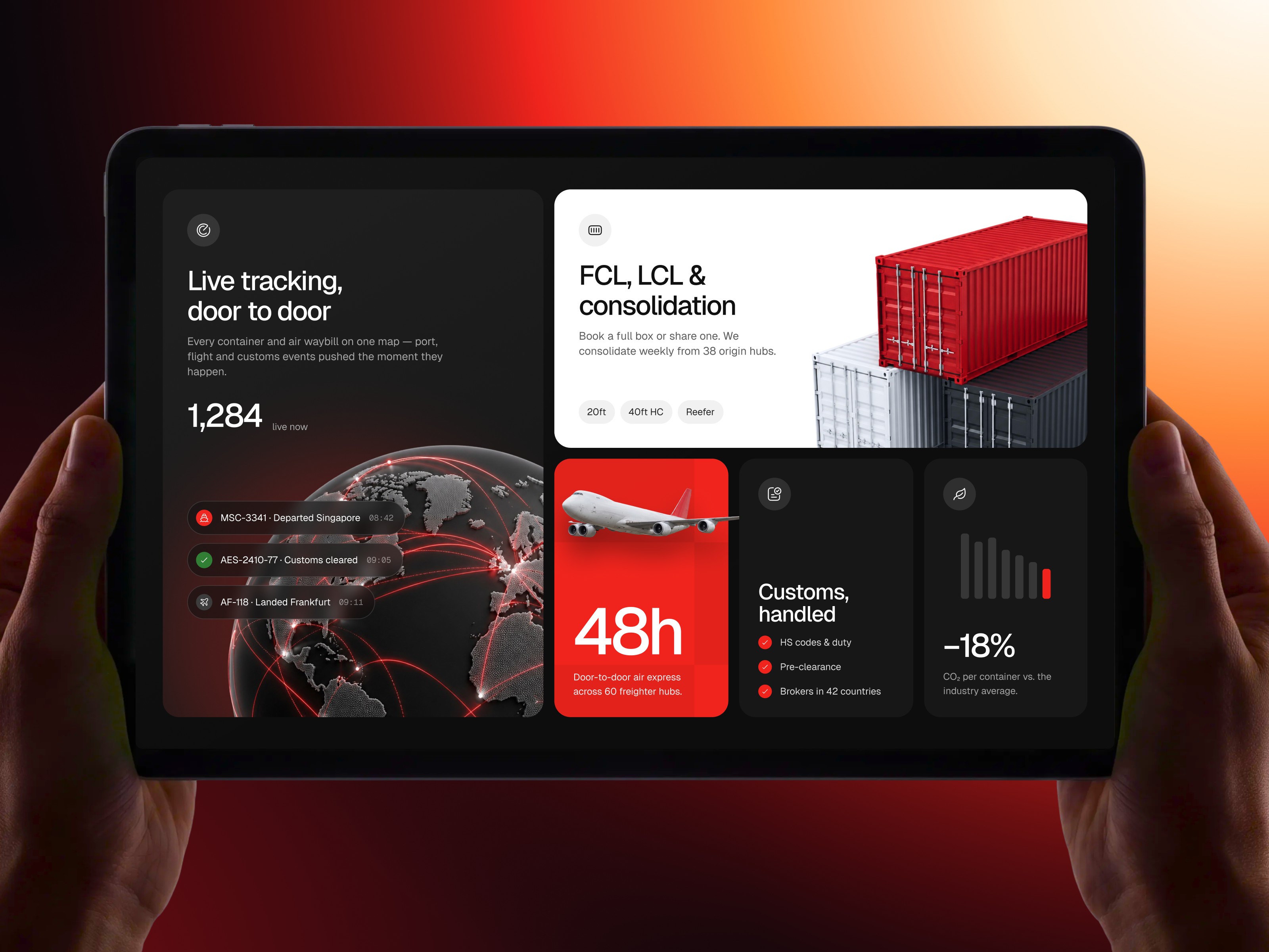 Aerosea — Ocean & Air Freight Landing Page bento grid cargo cargo website figma freight hero section landing page logistics red shipping supply chain tracking transport typography ui design ux design web web design website
