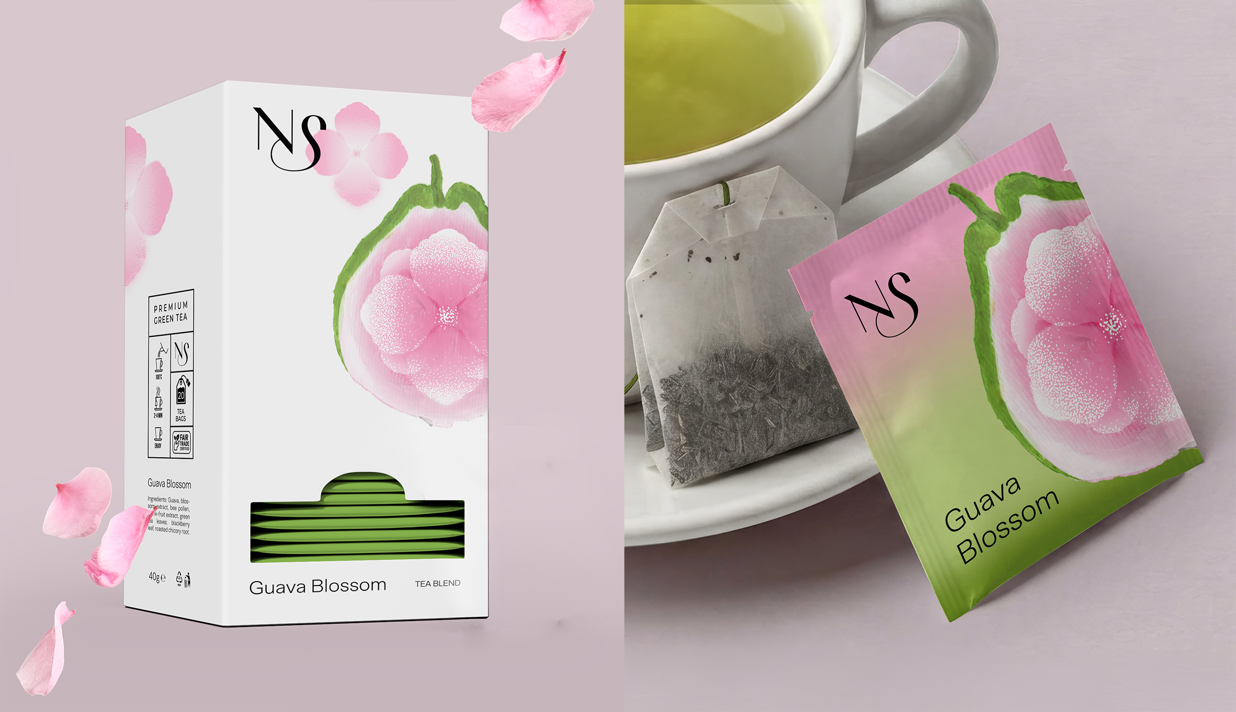 Guava Blossom Packaging Design acrylic guava packaging design packaging illustration painting product design tea blend tea illustration tea packaging