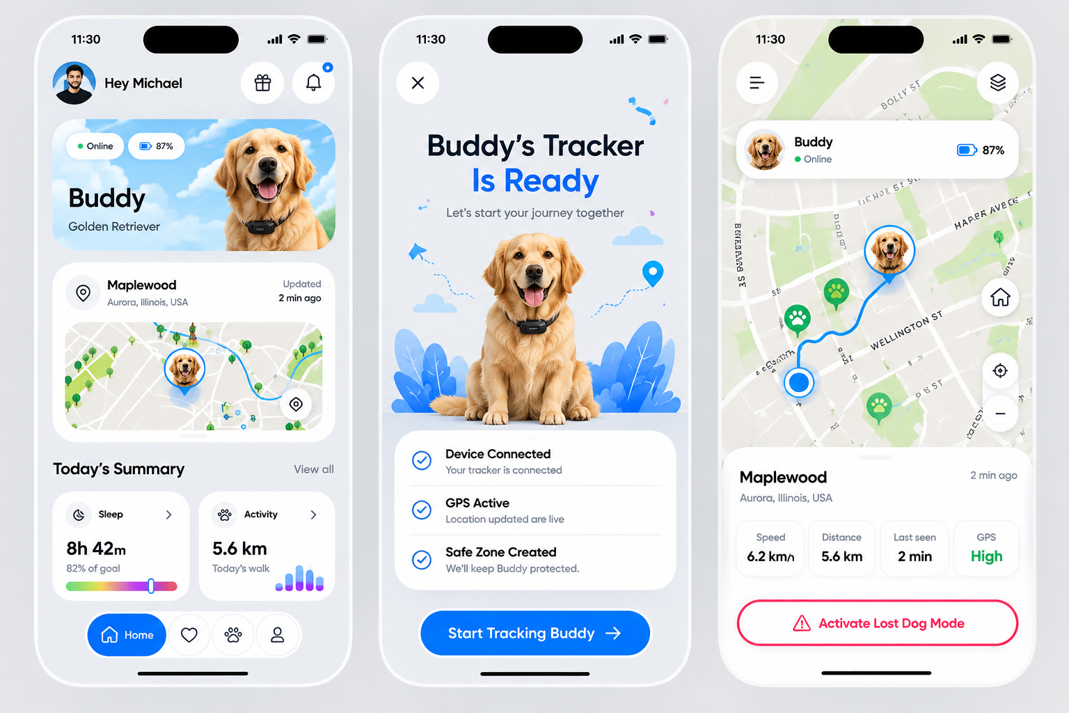 Dog GPS Tracker UI UX Design | Pet Tracking Mobile App dogactivitytracking dogapp doggps dogtrackingapp figmadesign gpsapp gpsdogtracker gpslocationtracking locationtracking mobileappdesign mobileuiux petapp petsafety pettech pettechnology pettracker pettracking uidesign uiuxdesign uxdesign