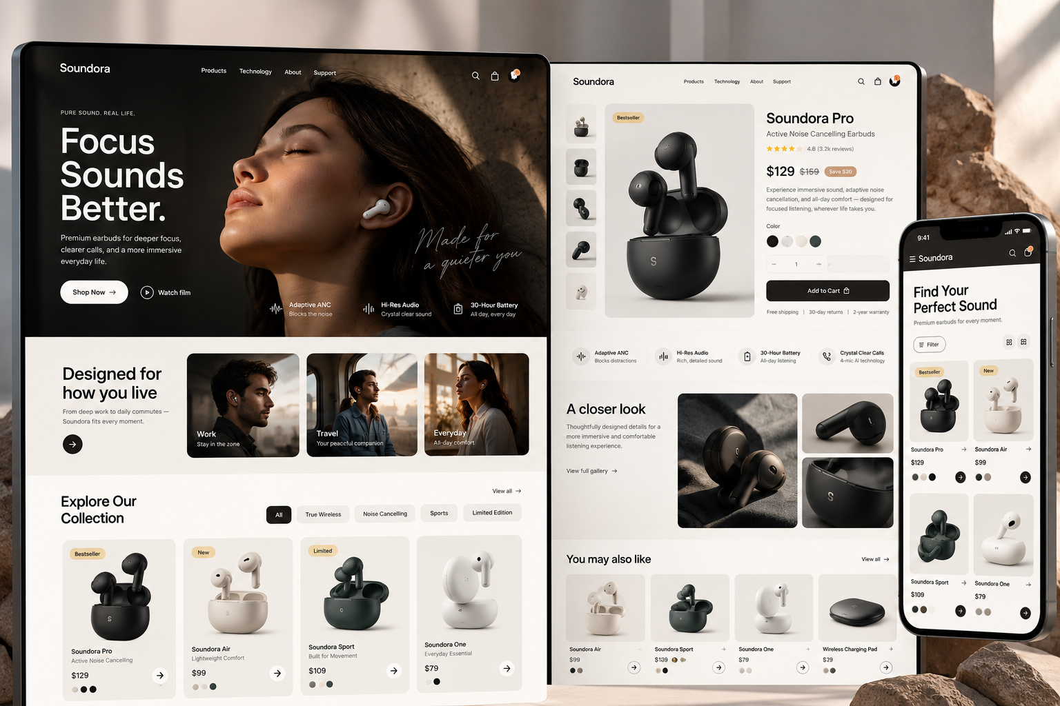 Soundora — Premium eCommerce Website & Mobile UX conversionoptimization crodesign dribbble dribbbleshot dtcdesign ecommercedesign figmadesign landingpagedesign mobileux productdesign responsivedesign shopifycro shopifydesign shopifyux webdesign webdesigner websitedesign