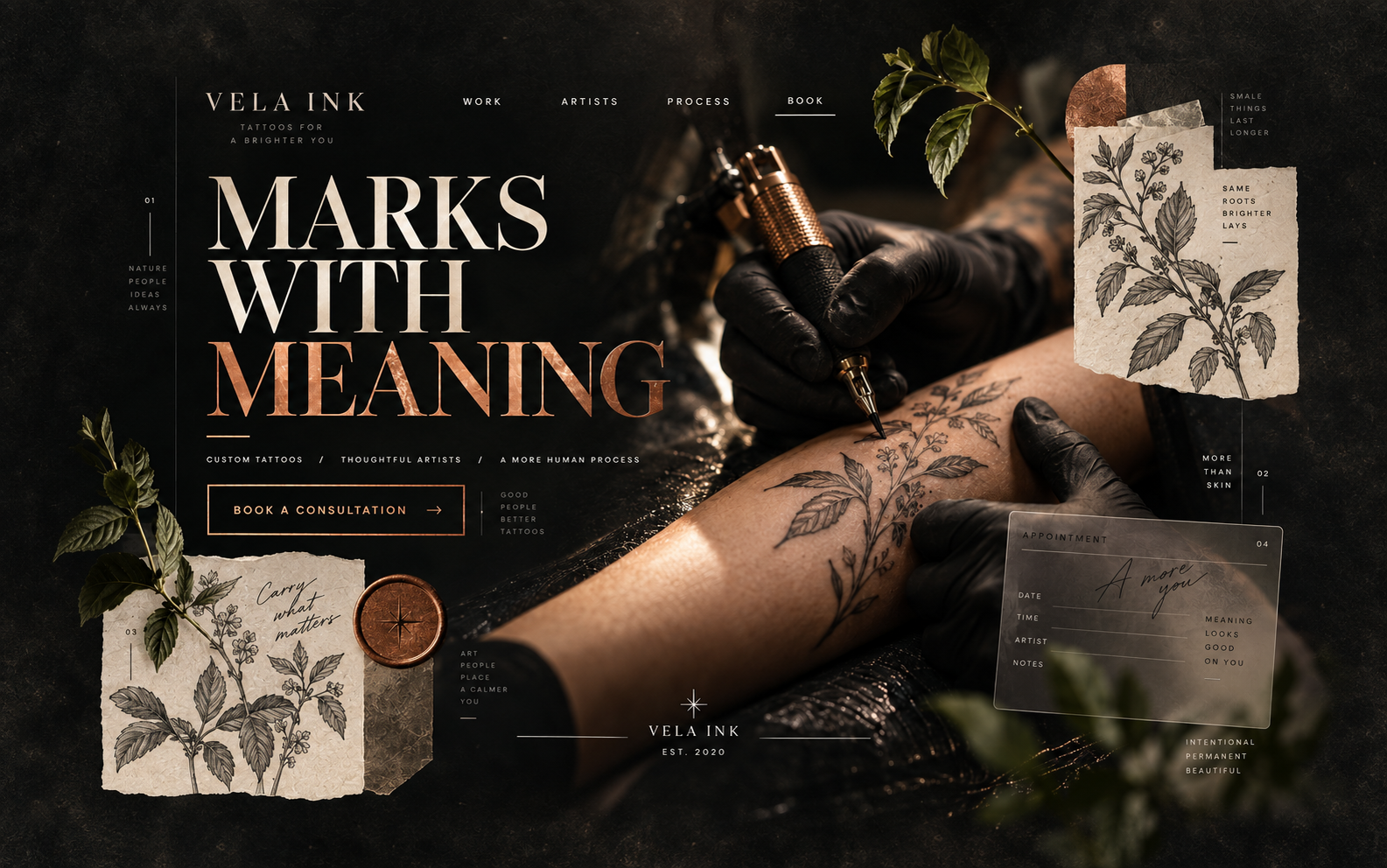 Vela Ink — Tattoo Studio Website art direction booking website branding editorial design tattoo tattoo studio typography web design