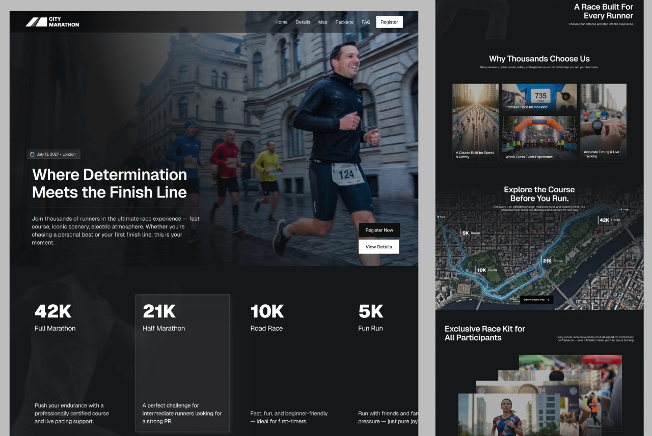 City Marathon Running Event Landing Page 3d animation app branding dashboard design graphic design icon illustration logo minimal motion graphics typography ui uiux ux vector web website website design