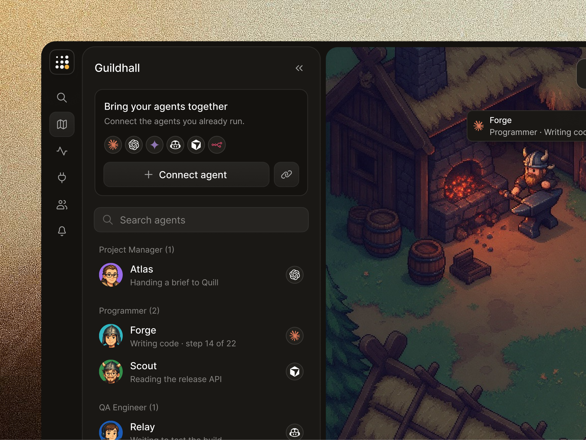 Guildhall - One AI Workspace, Five Worlds ai agent ai dashboard ai workspace automation dark mode dark ui dashboard developer tools game ui illustration isometric multi agent pixel art product design saas theme themes ui design ux design web app