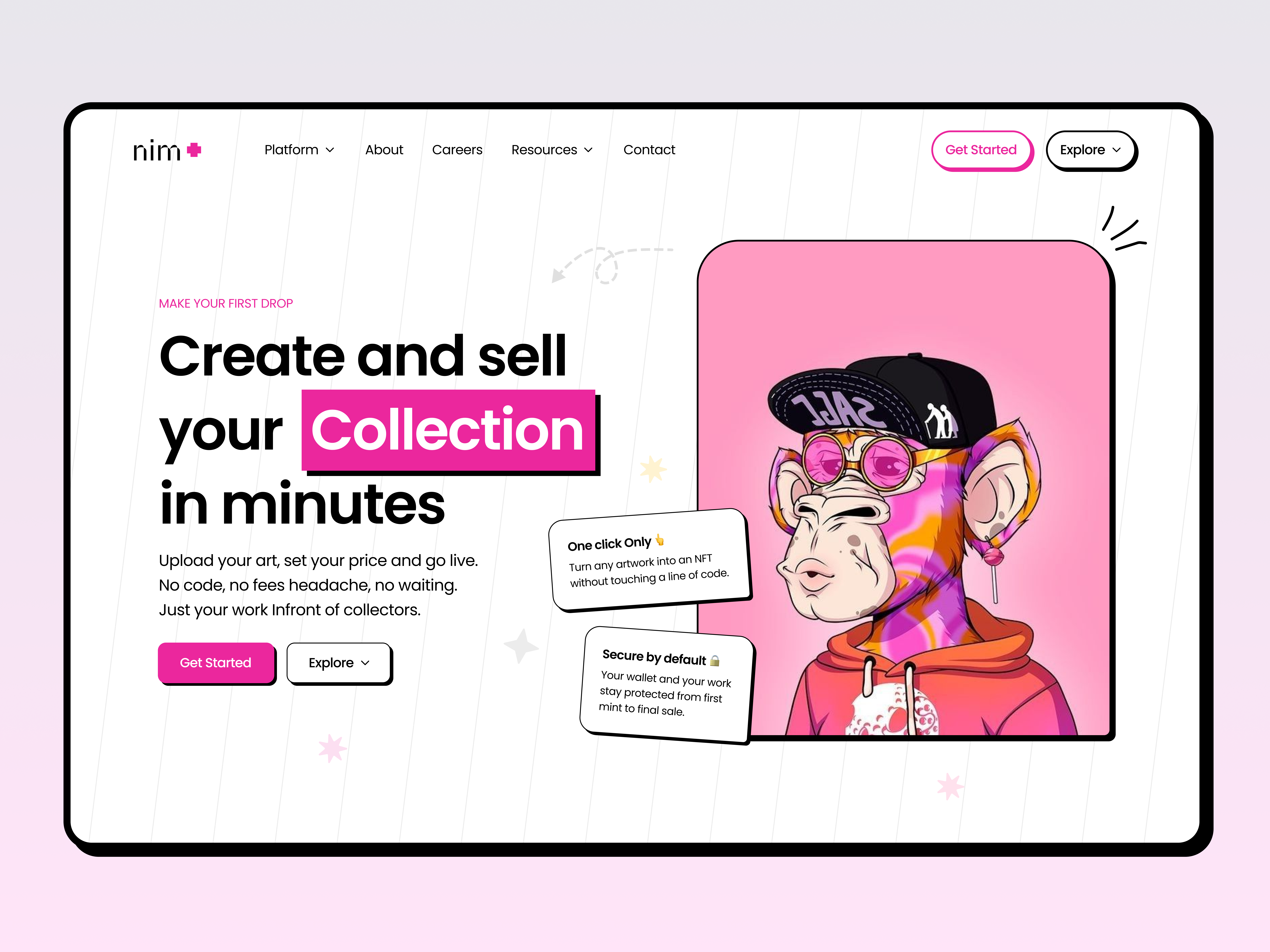 NFT Landing Page Design art collection colorful crypto design digital illustration landing page money monkey nft nft marketplace nft website pink trade trading website ui ux wallet web design