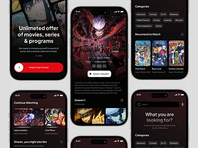 Anime Stream App anime cinemas clean dark mode film imdb mobile mobile interface movie netflix streaming streaming movie ticket ui