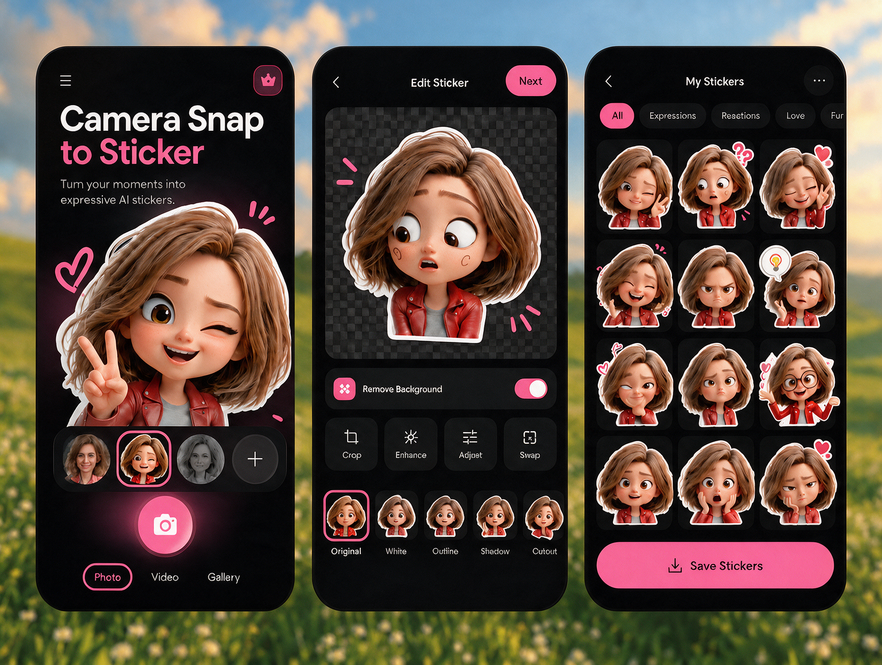 AI Snap to Sticker — Mobile App UI ai app ai mobile app ai photo editor ai sticker maker app ui artificial intelligence black ui camera app dark ui figma mobile app design mobile ui photo to sticker pink ui product design snap to sticker sticker app sticker maker ui design ux design