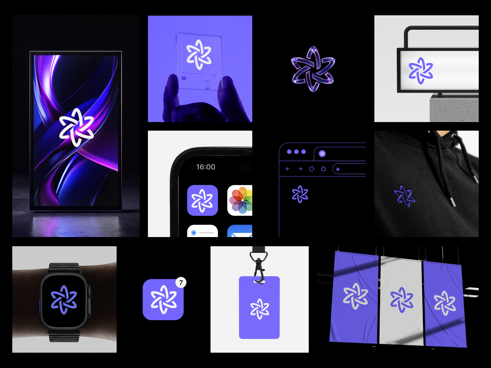 Atom Brand Identity app bold brand identity branding chemistry dark graphic design icon logo logodesign logotype mark minimal presentation purple simple startup symbol tech visula identity