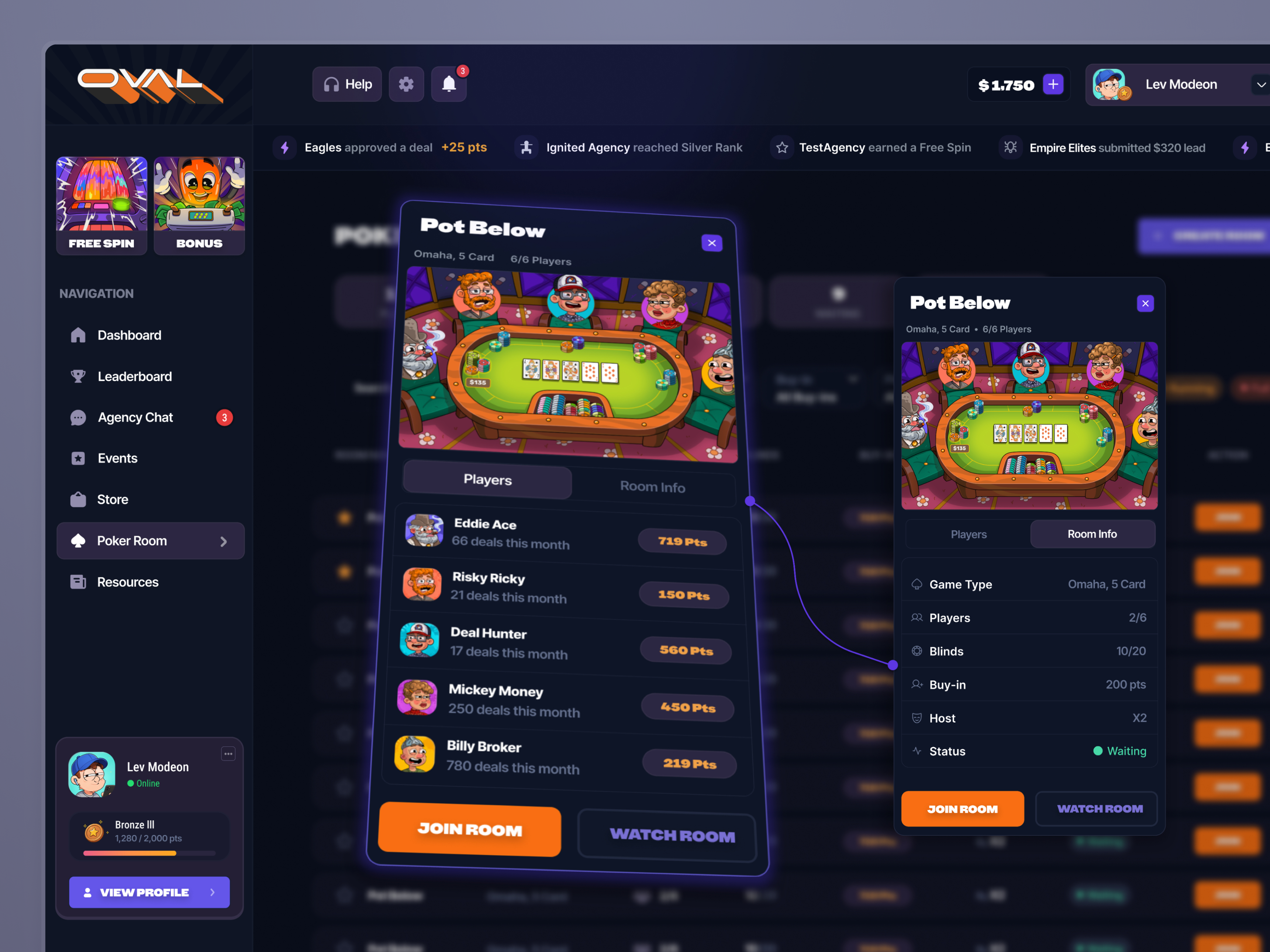 Room Details UI (Poker Lobby) bet casino crypto dark design gambling game page igaming interface lobby poker popup ui web3 website