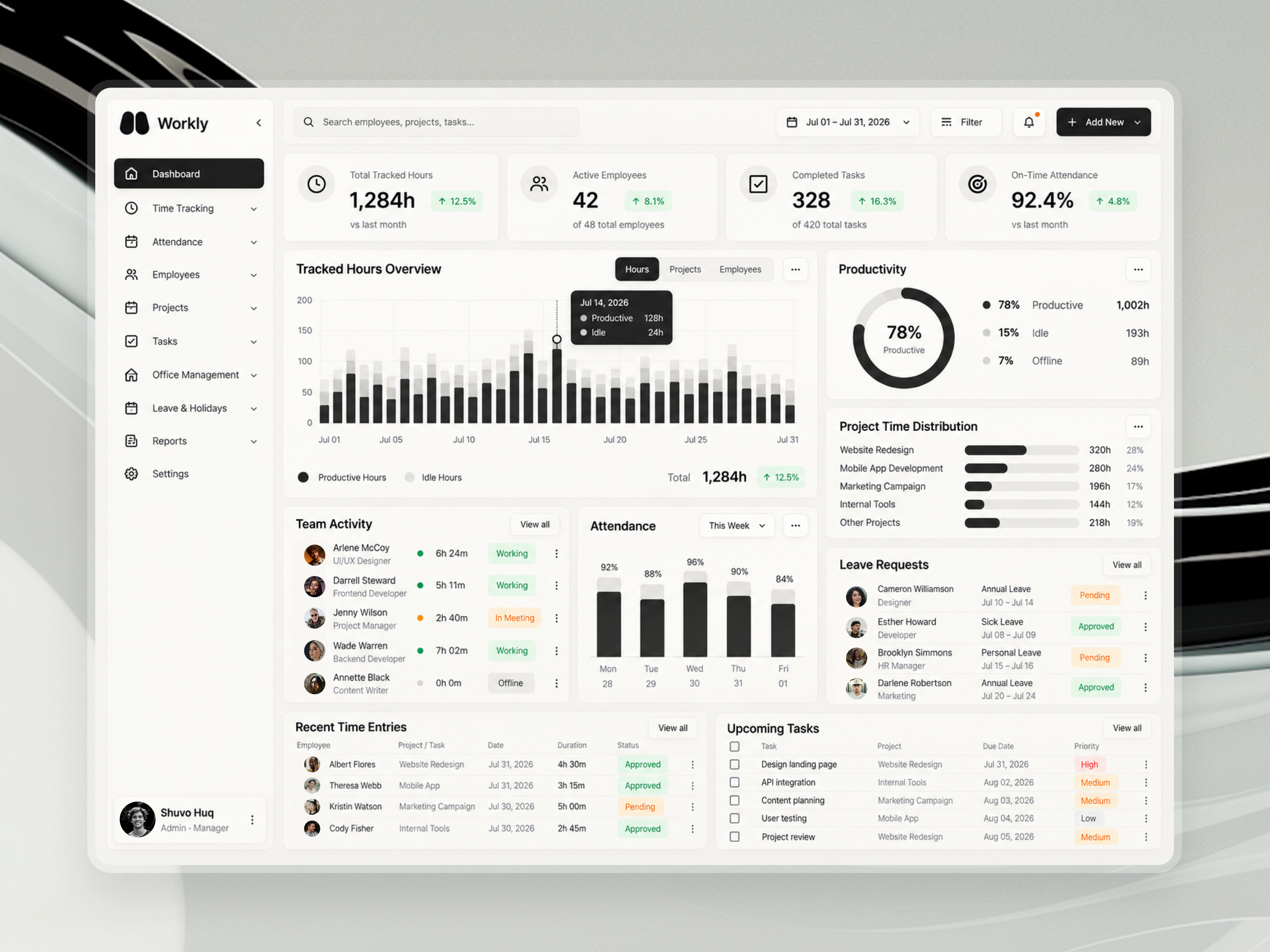 Task & Team Management Dashboard admin dashboard analytics attendance dashboard data visualization employee management hr dashboard light mode minimal design product design productivity project management saas task management team management time tracking ui design ux design web app workly