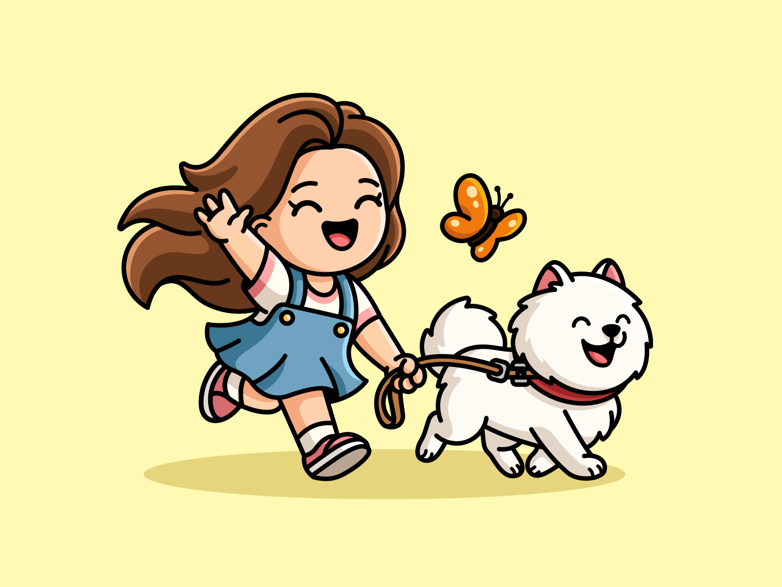 Dog Walking Hero Illustration butterfly cheerful chibi children cute dog dog walking friendly girl happy hero image illustration kawaii kids love pet pet brand playful warm