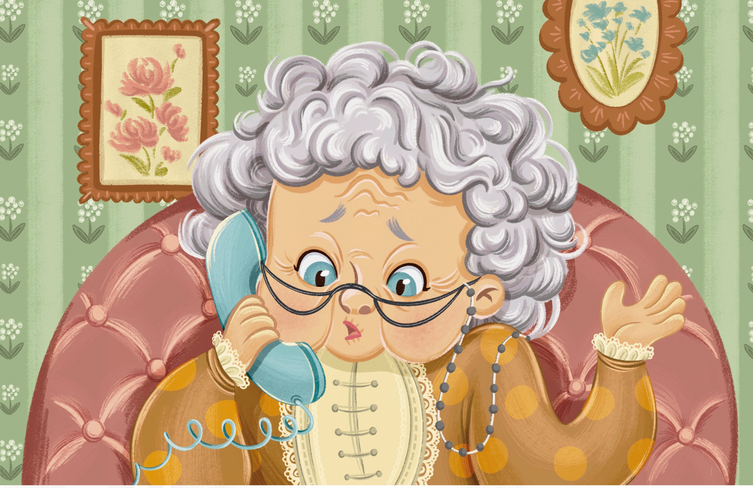 Cute Little Granny - book illustration 2d book cartoon childrens book illustration cover art cute digital art emotion granny illustration old woman phone vintage