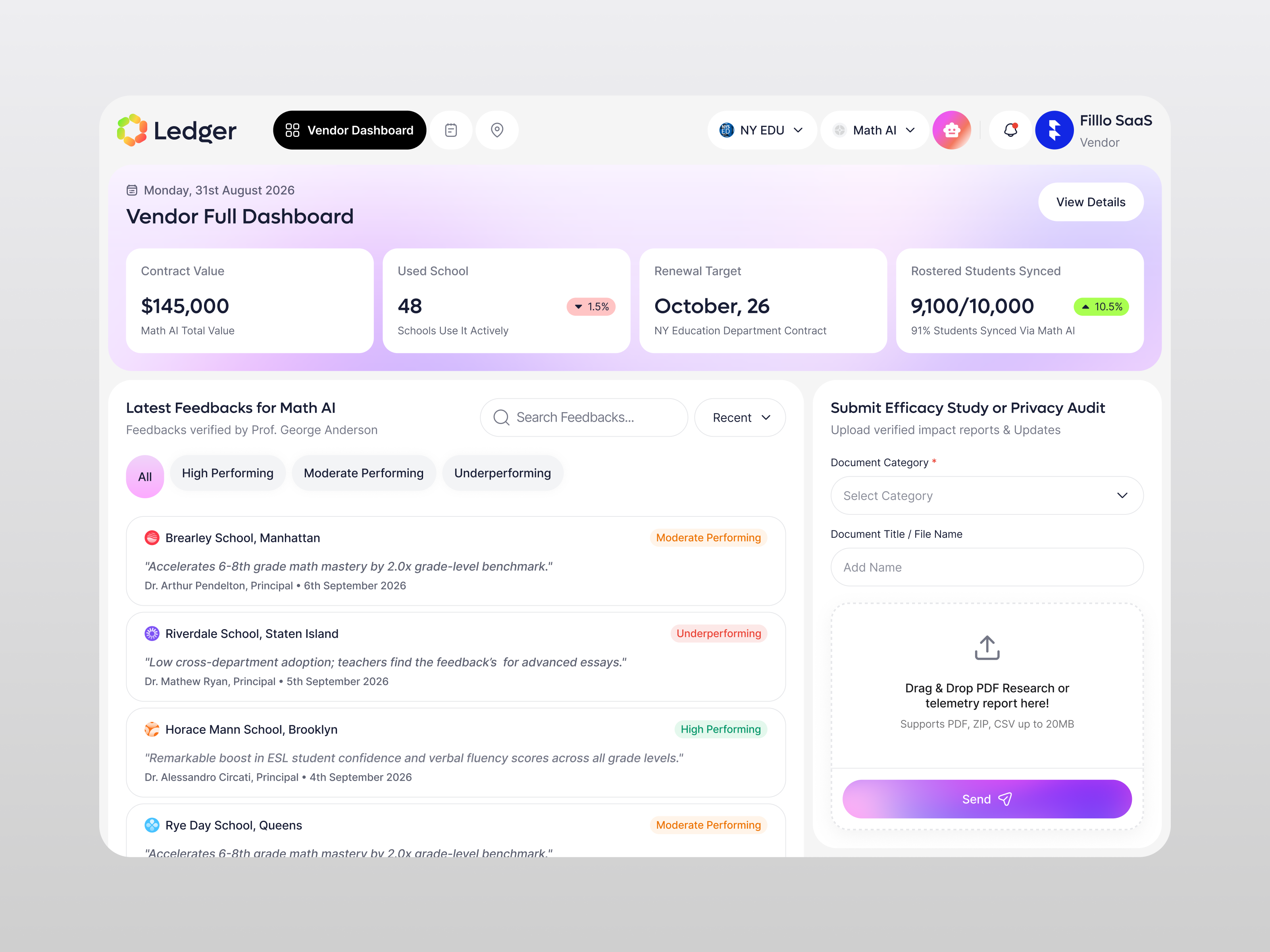 B2B SaaS Edtech UI UX Design | Ledger admin panel b2b saas dashboard dashboard design edtech file upload filllo fillo form design mvp design product design saas saas dashboard saas design agency startup design ui design ux design vendor portal web app web design